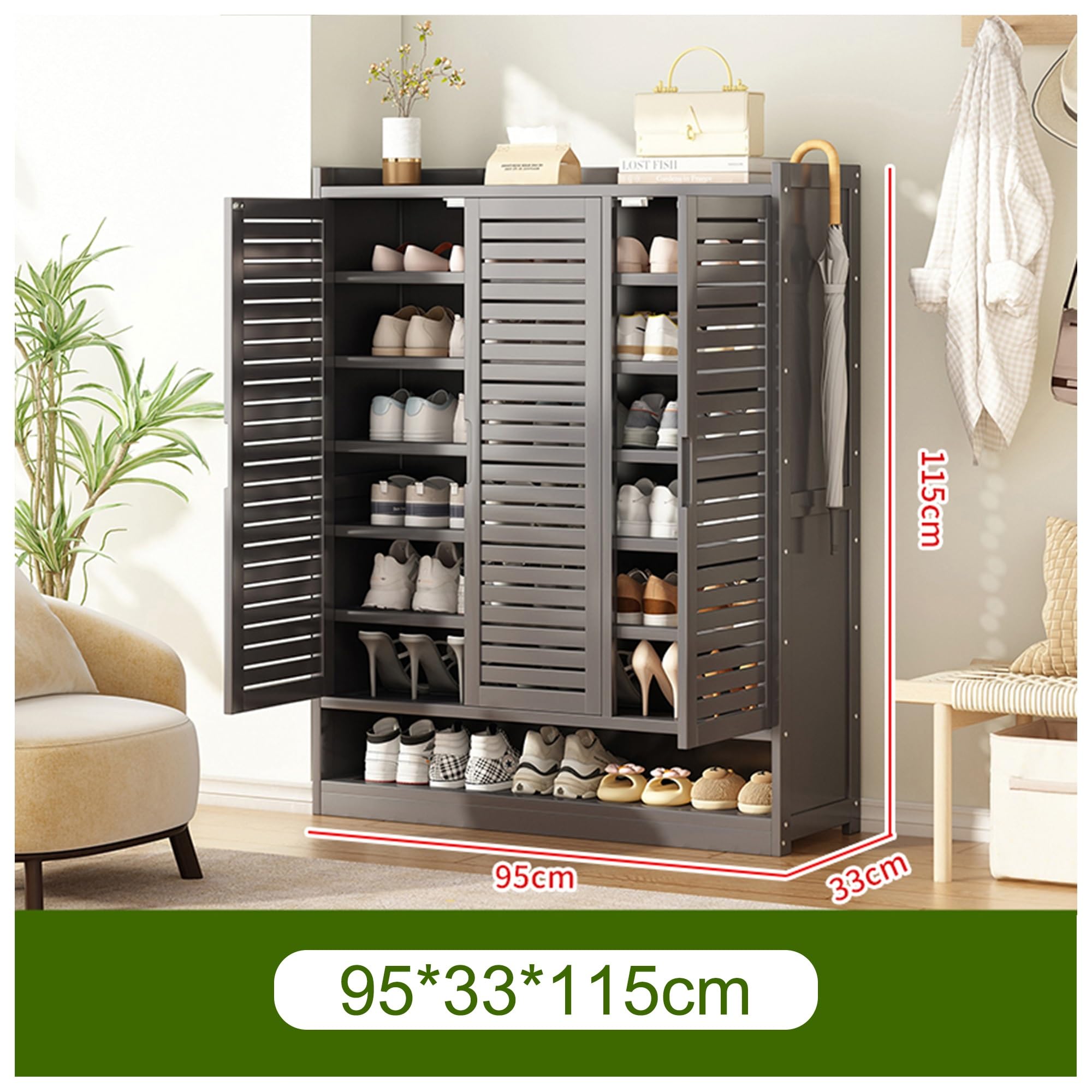 HASMI Gabinete de Zapatos de Bambú para Entrada con Puertas de Obturador, Estante de Zapato Independiente de Madera Gran Capacidad/a/95 * 33 * 115Cm