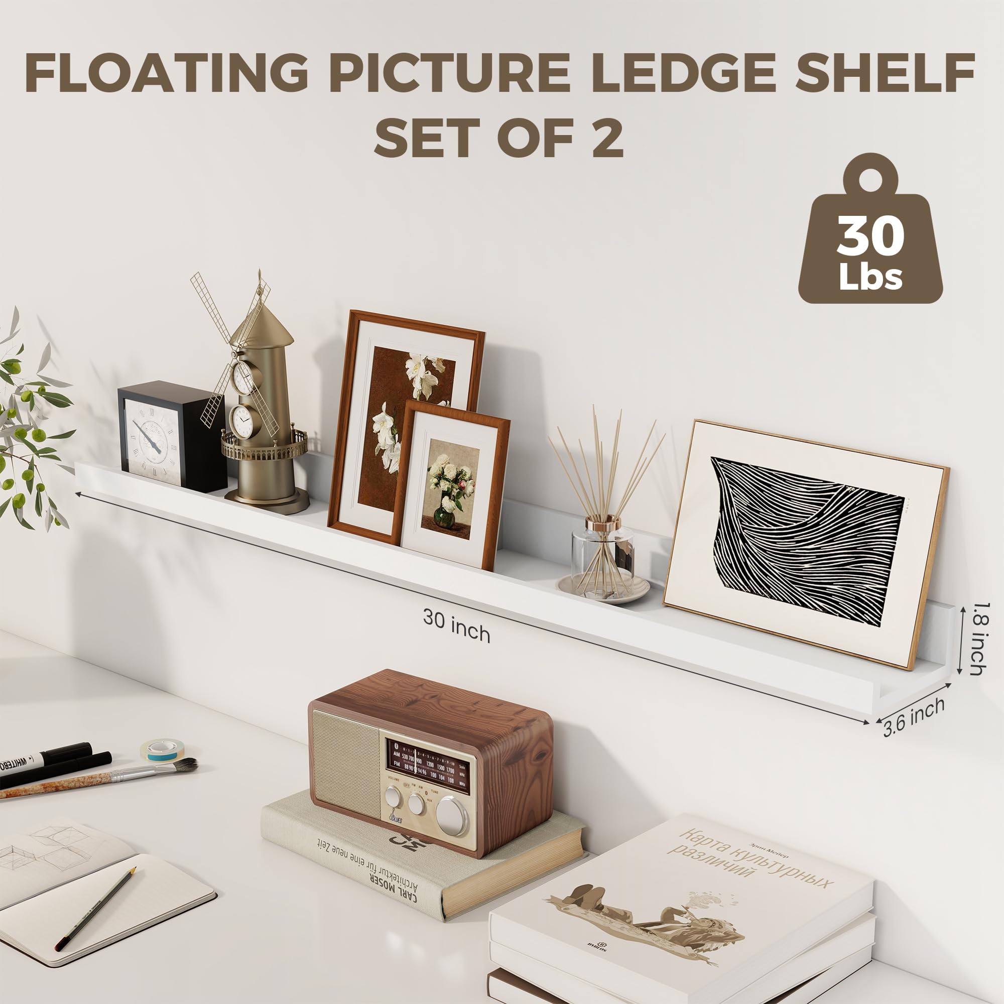 Axeman Estantes flotantes de 30 pulgadas | Juego de 2 estantes de pared blancos con borde | Estante blanco para fotos para pared con repisa, repisas de fotos de 30 pulgadas