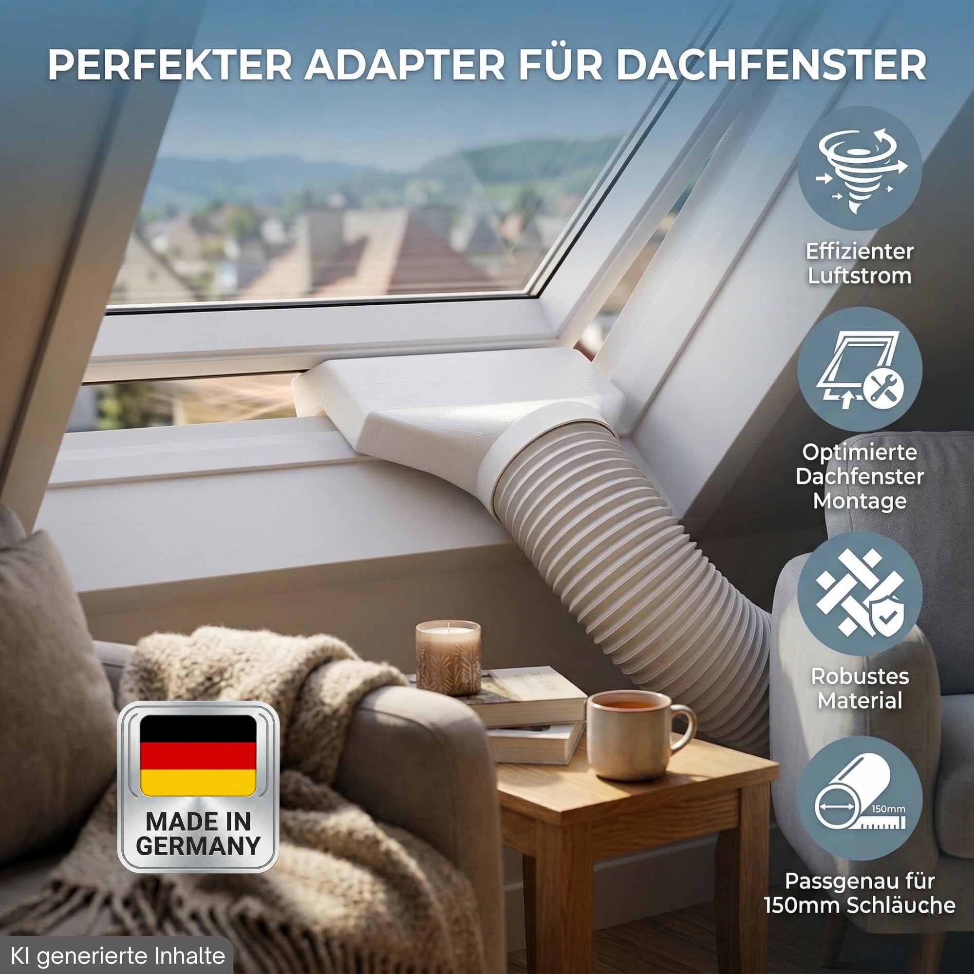 Ø150mm Fenster Adapter Klima Abluft extra breit und flach – Reduzierstück auf schmale Öffnung - Passend für mobile Klimaanlagen passend für Velux Roto Fakro
