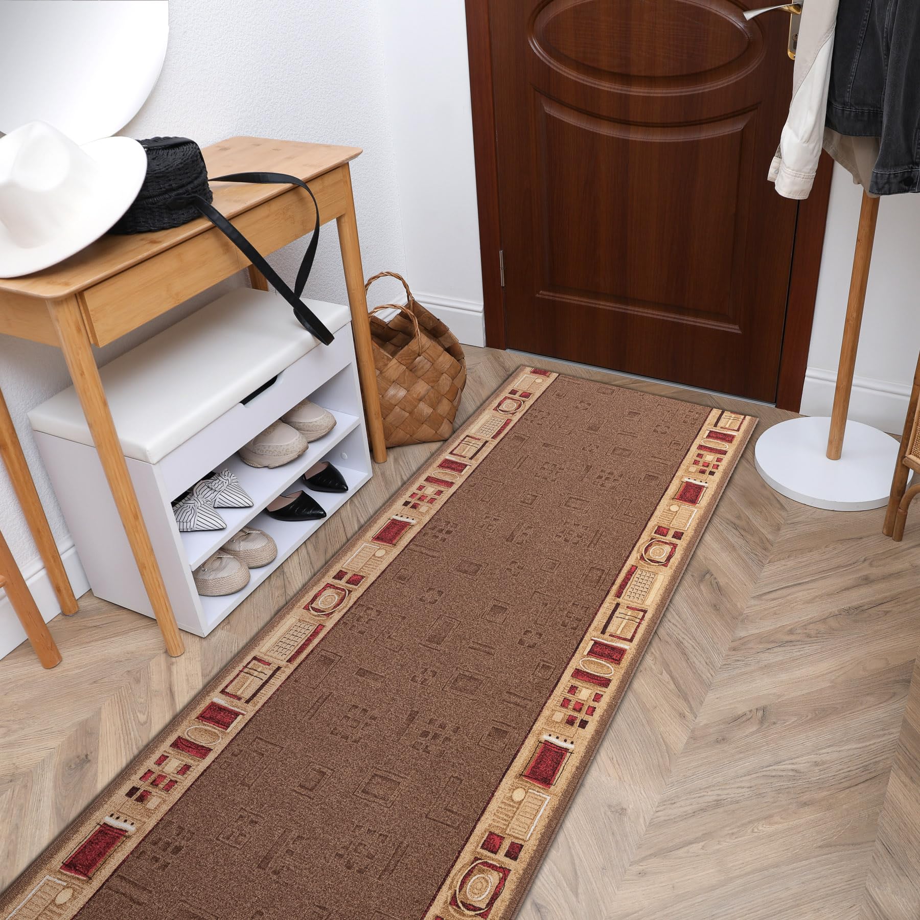 rugsx Antirutsch Teppichläufer JENA - moderner Kurzflor für Küche, Flur & Wohnzimmer, Meterware, braun 120x400 cm