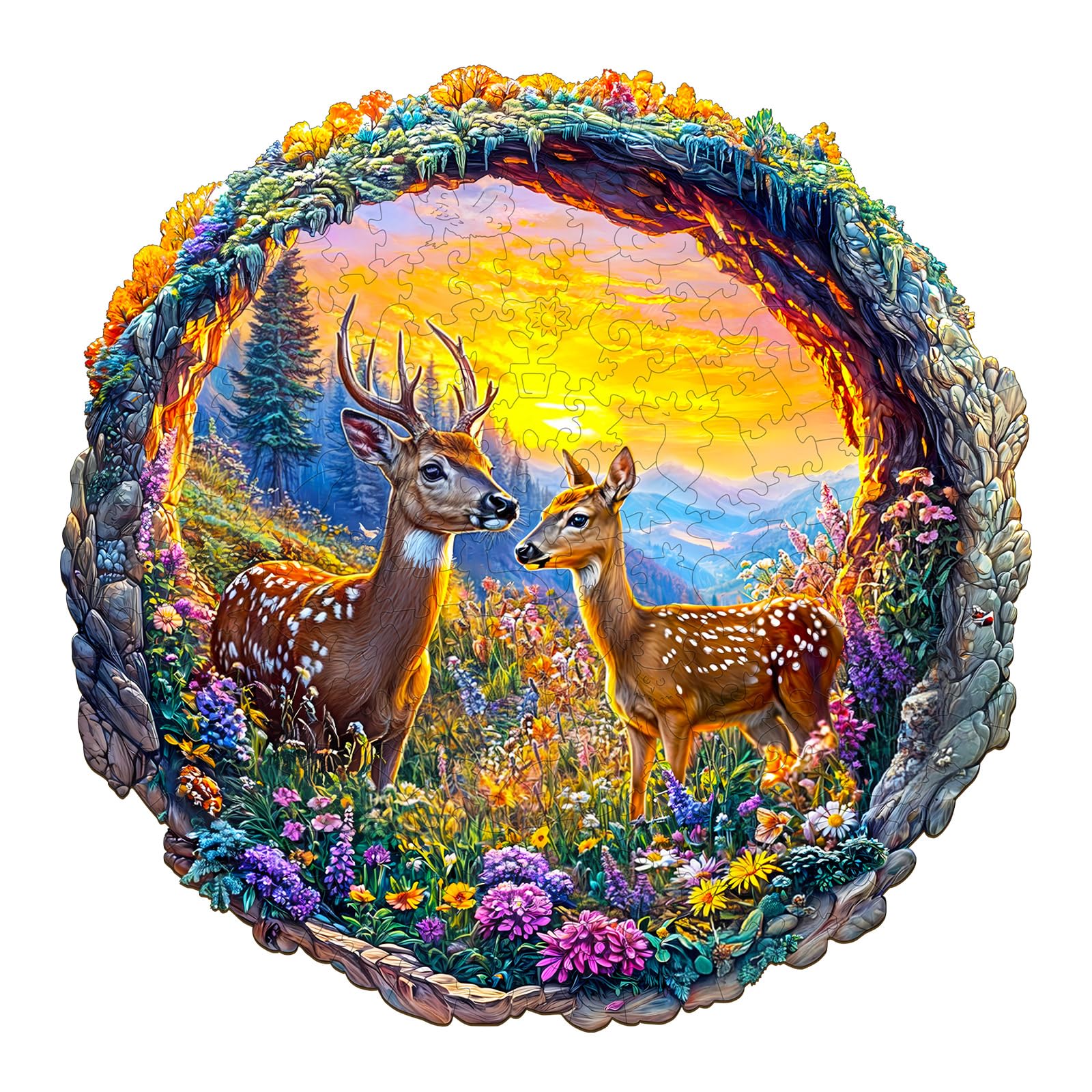 Wooden Puzzles for Adults - Deer Among Flowers Wooden Jigsaw Puzzle - Unique Animal Shaped Wood Puzzles Adult - Christmas Birthday Gifts for Adults/