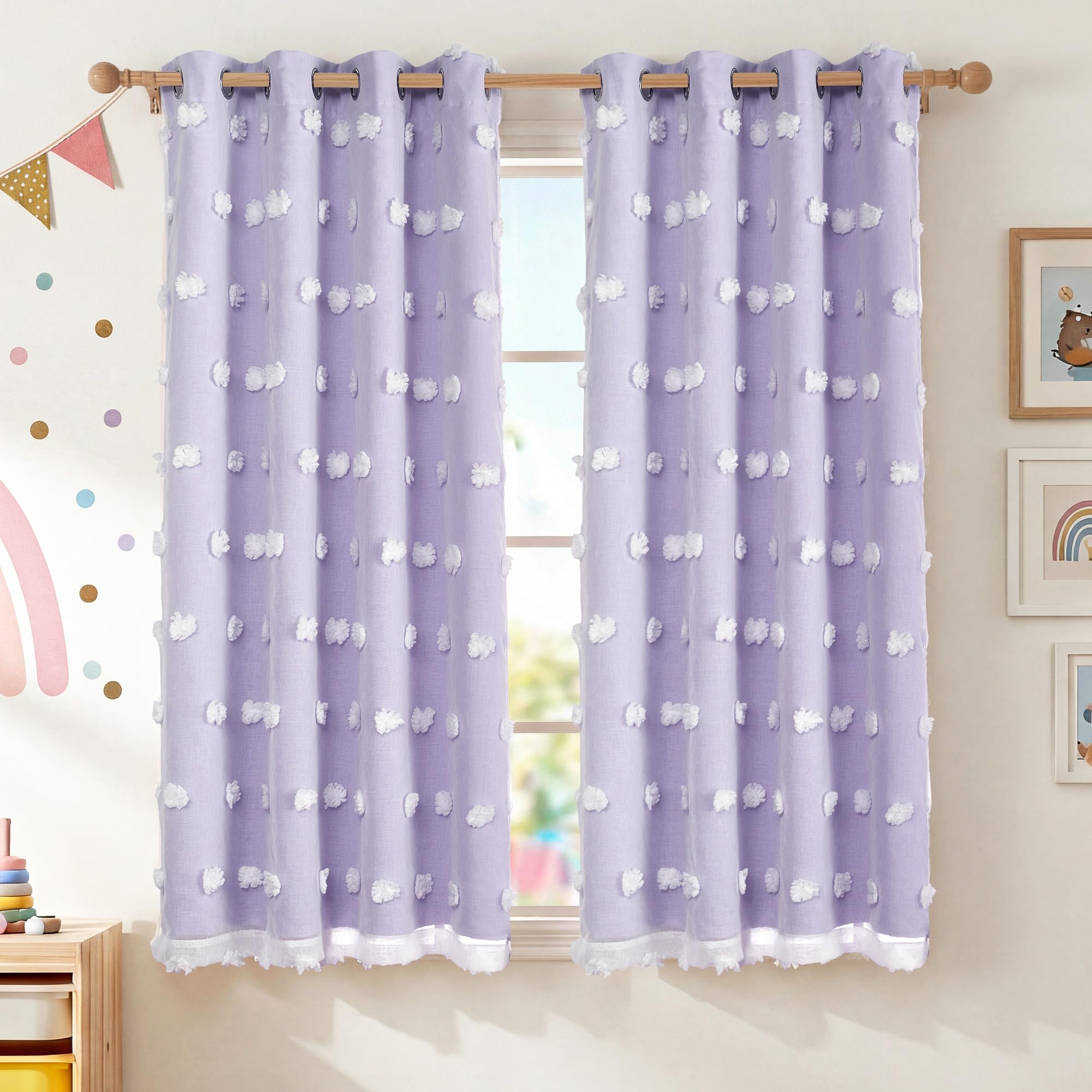 RYB HOME Pom Pom Blackout Curtains - Blue, Purple, Pink -8