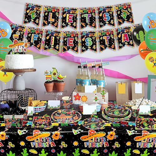 Miniatura 7 de Suministros para fiestas  Decoraciones de fiesta mexicana que incluyen platos, vasos, servilletas, mantel, cartel de fiesta de Let's Fiesta, globo