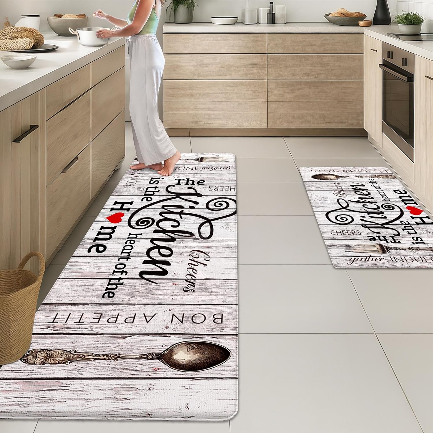 Arttown Farmhouse Anti-Fatigue Kitchen Rug Set of 2, Waterproof Non-Slip PVC Foam Cushioned Mats, Brown Grey Vintage Heart Home Style