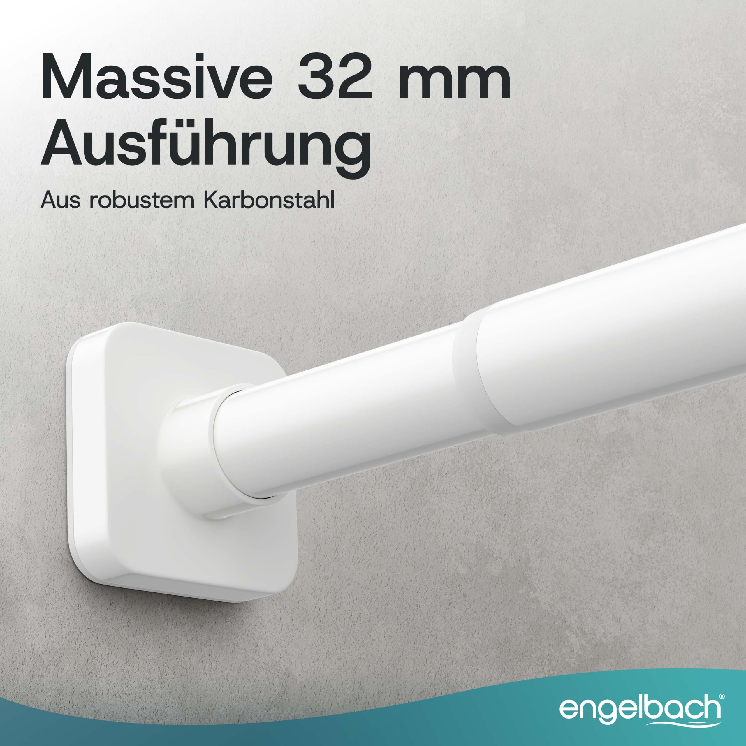Engelbach® Gardinenstange ohne Bohren (Ø 32 mm) - Individuell anpassbare Teleskopstange - Massiver Kabonstahl für stabilen Halt, Vorhangstange, Duschvorhangstange, 260-310cm Weiß