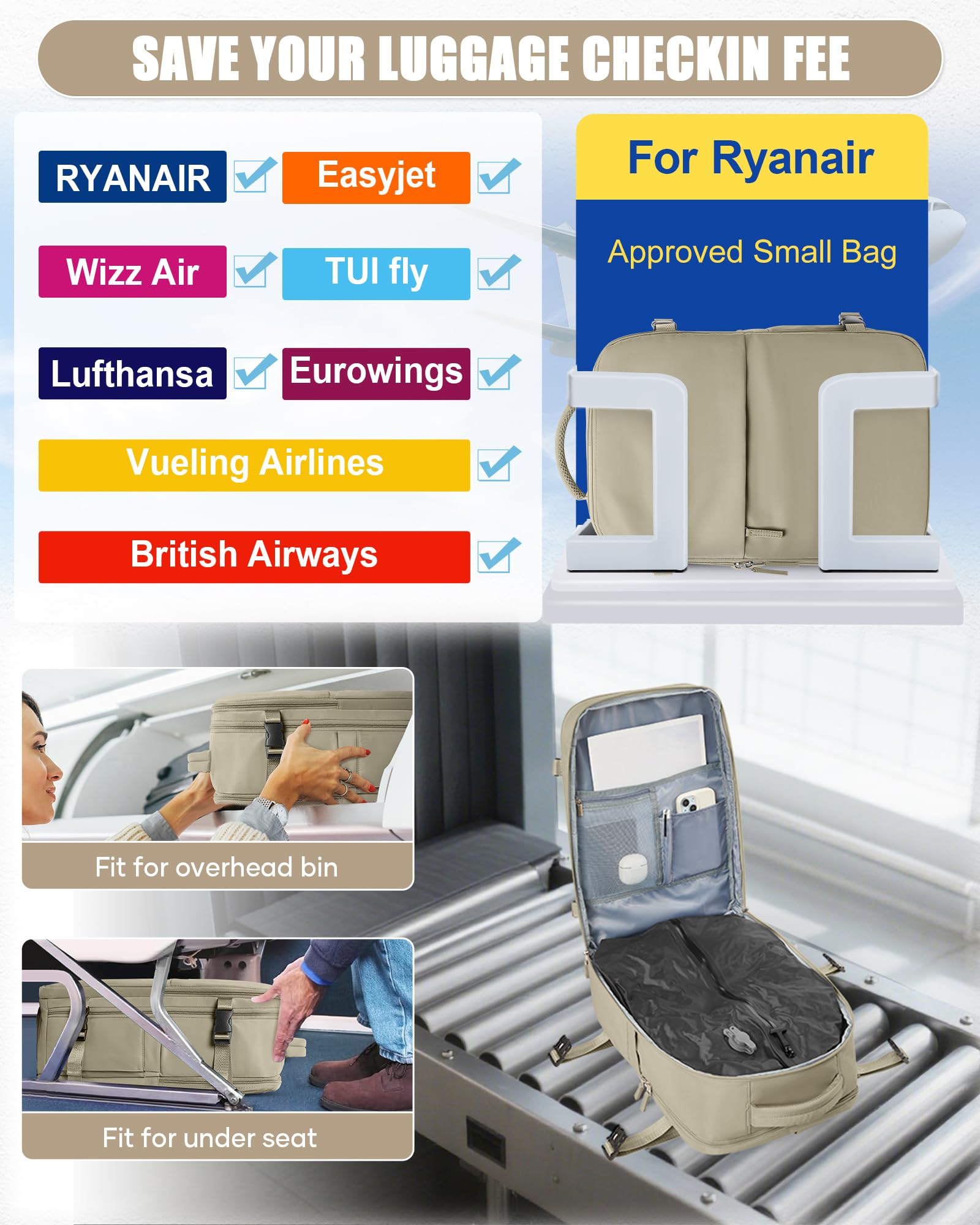 BJLFS Zaino da Viaggio con Sottovuoto Ryanair 40x30x20 Wizzair Bagaglio a mano 40x20x25 Ryanair con Pompa Borse da Cabina per Easyjet 45x36x20 con compressione sottovuoto,Zaino Casual per Laptop