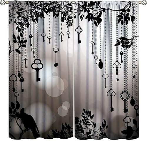 Cortinas góticas de cuervo, pájaros negros, decoración de cuervo, tratamiento de ventana para sala de estar, cuervo negro con alas oscuras, 2