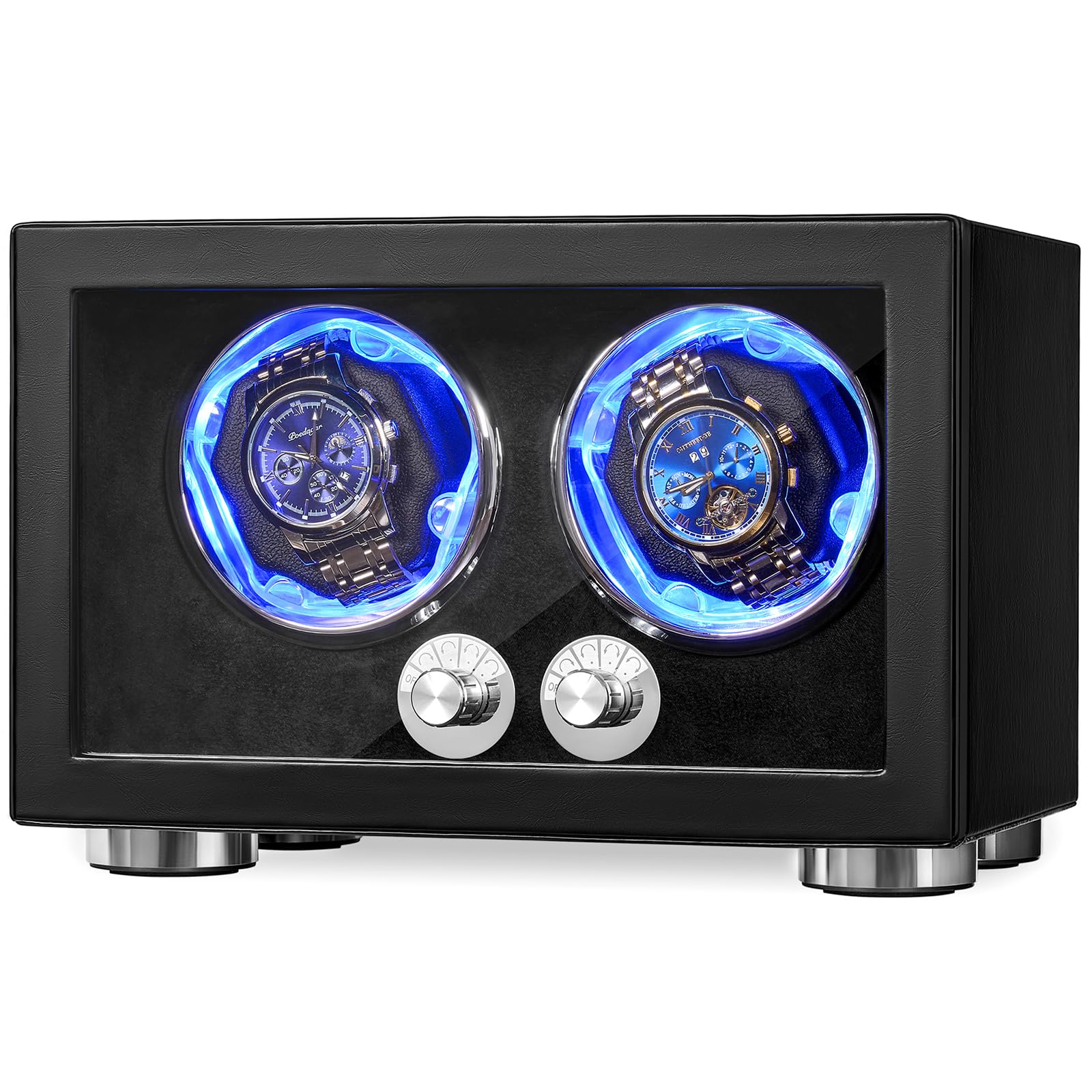 ANWBROAD Uhrenbeweger für Automatikuhren Doppel-Uhrenrotator mit LED und 4 Drehmodi Uhrendreher Superleiser Mabuchi-Motor Uhrenbeweger-Box mit Adapter Geschenk für Männer JWW004B