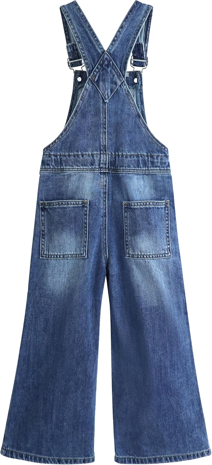 KIDSCOOL SPACE Girls Denim Overalls,Little Big Kids Wide-Leg Jeans Dungarees Pants - Image 2
