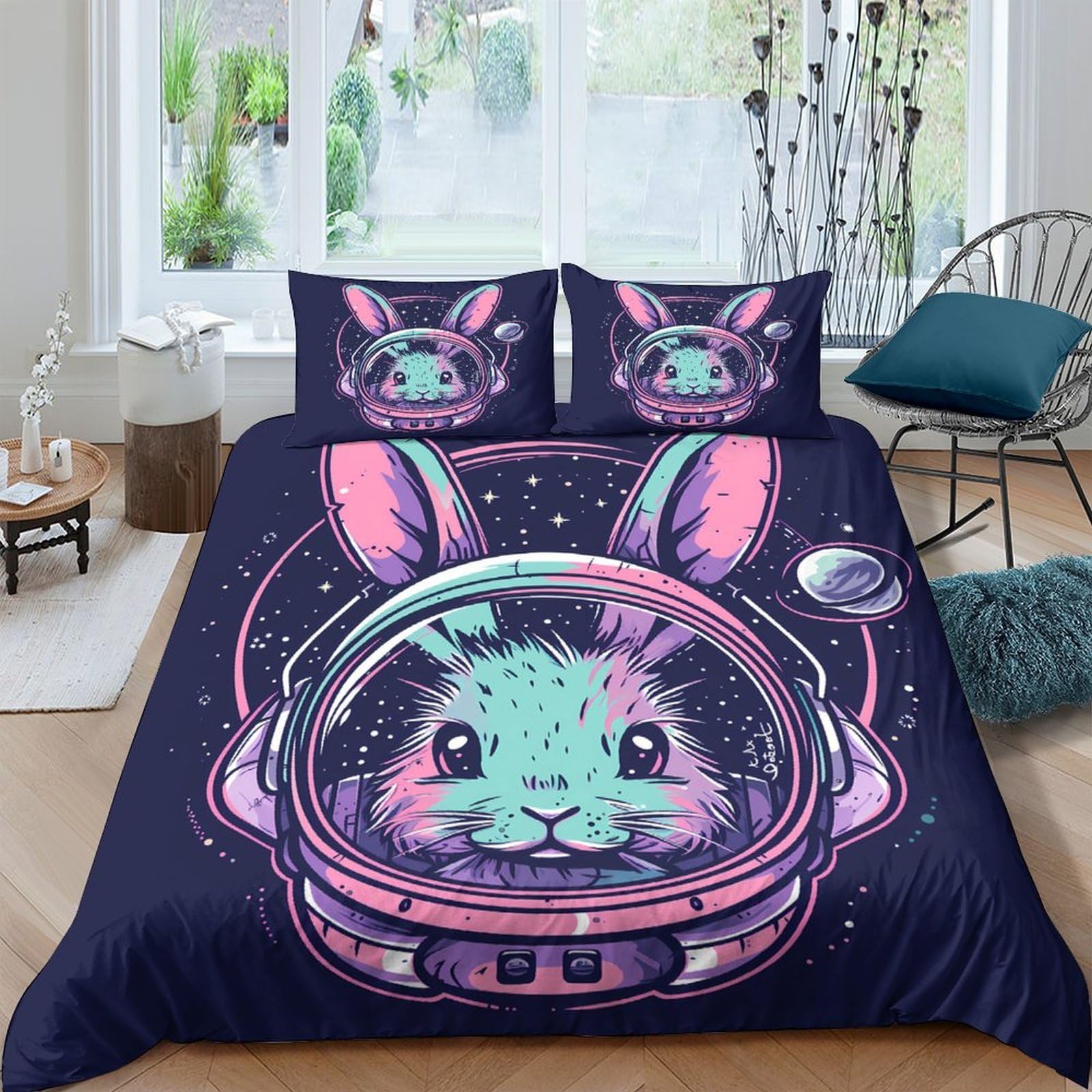 Ctjqhvkz Style-7 3D Printed Space Bunny Fitted Sheet Microfiber Soft Blue Pink Astronaut Rabbit Bed Cover For Bedroom Dorm Room Decor Single（135X200cm）