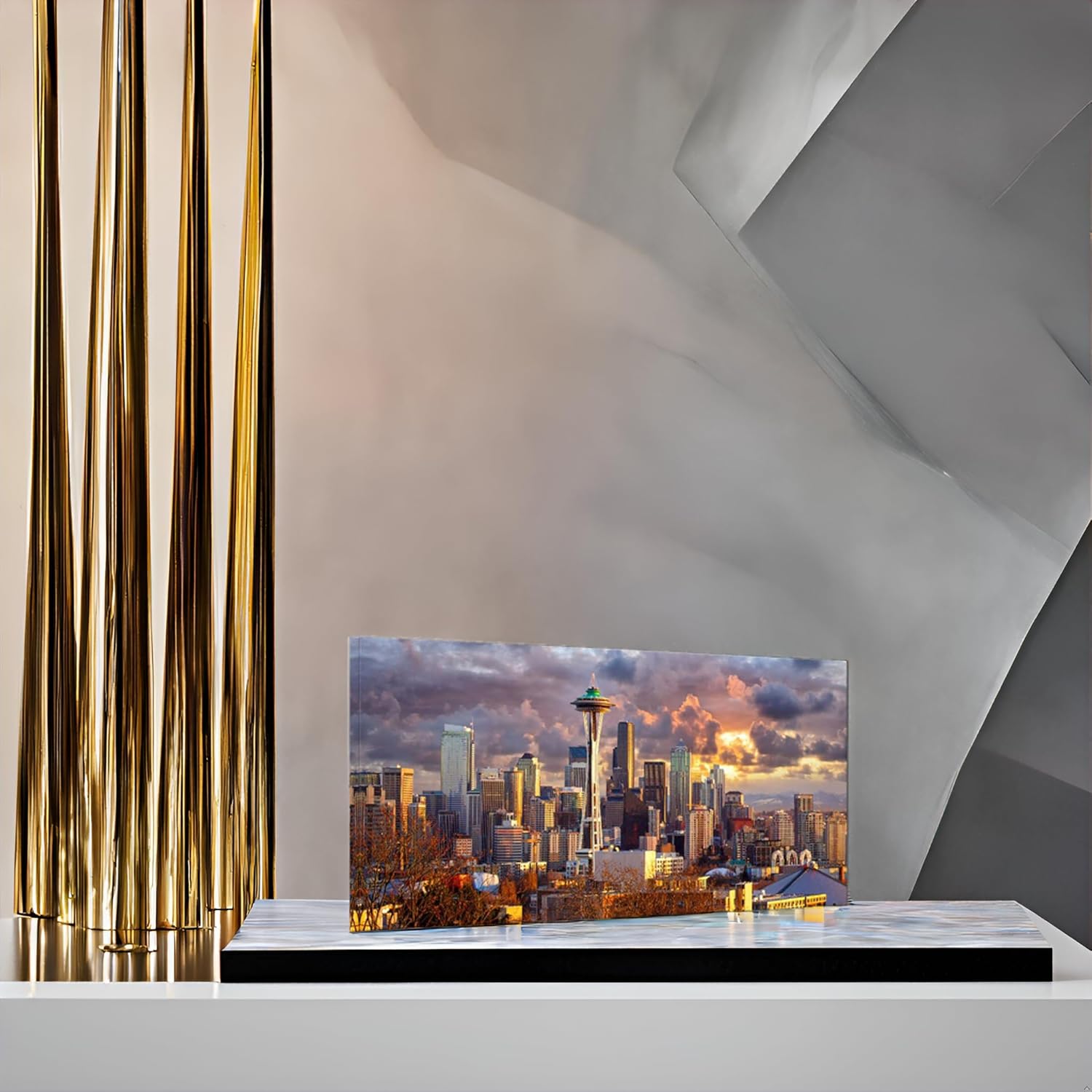 JXBYJP Large Seattle Skyline Wall Art Sunset Landscape Artwork Bedroom Living Room City Canvas Print Building Metropolis for Home Office Cityscape Wall Decor Frame 20x40inch