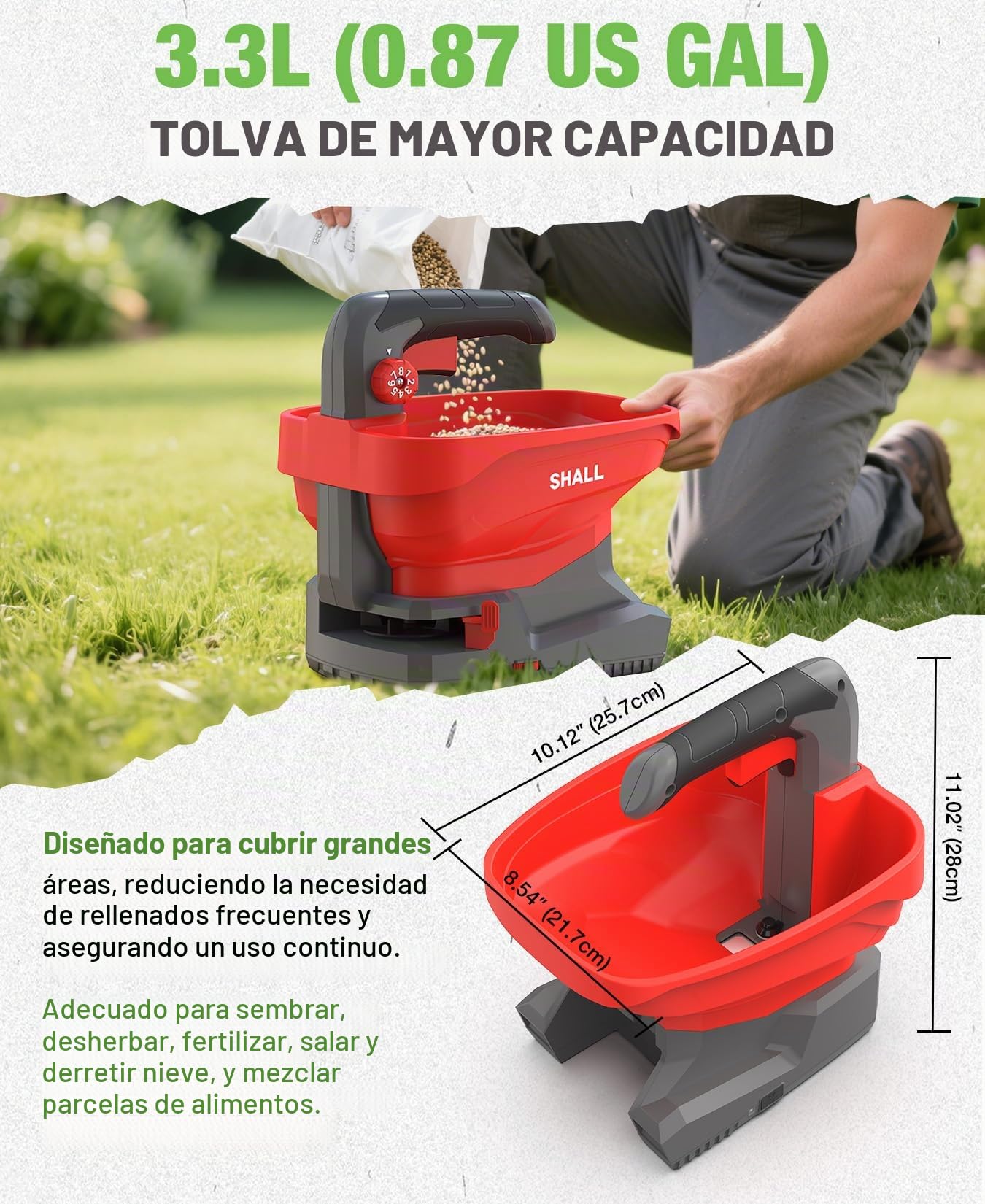 Shall Sembradora Universal con batería Recargable, abonadora eléctrica de 7,2 V, Apta para salazón de Carreteras, remoción de Nieve y siembra, Incluye batería y Cargador.