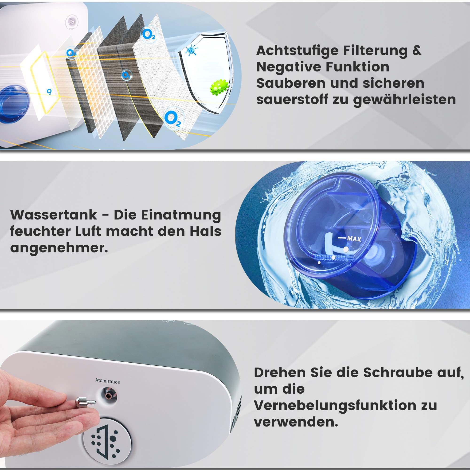 Sauerstoffkonzentrator Tragbarer, Hochreine 96% Sauerstoffgerät für Zuhause, 2-9 L/min Einstellbarer Durchfluss, Hochwertiger Oxygen Concentrator, mit Fernbedienung (Anleitung in Deutsch)