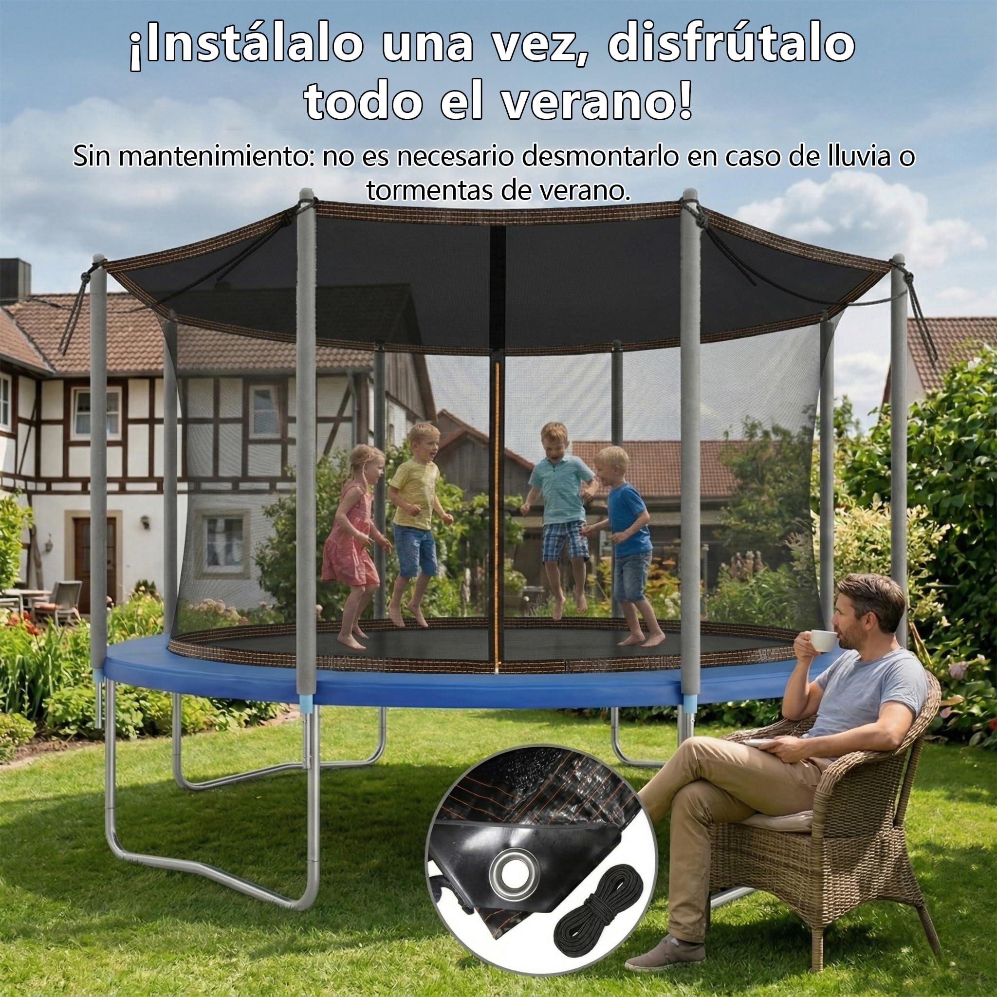 Trampolín de protección solar de 305 cm (10 pies), toldo octogonal de polietileno de 80 g/m² para 8 barras, techo protector permeable al agua (diagonal de 305 cm/distancia lateral 280 cm) para