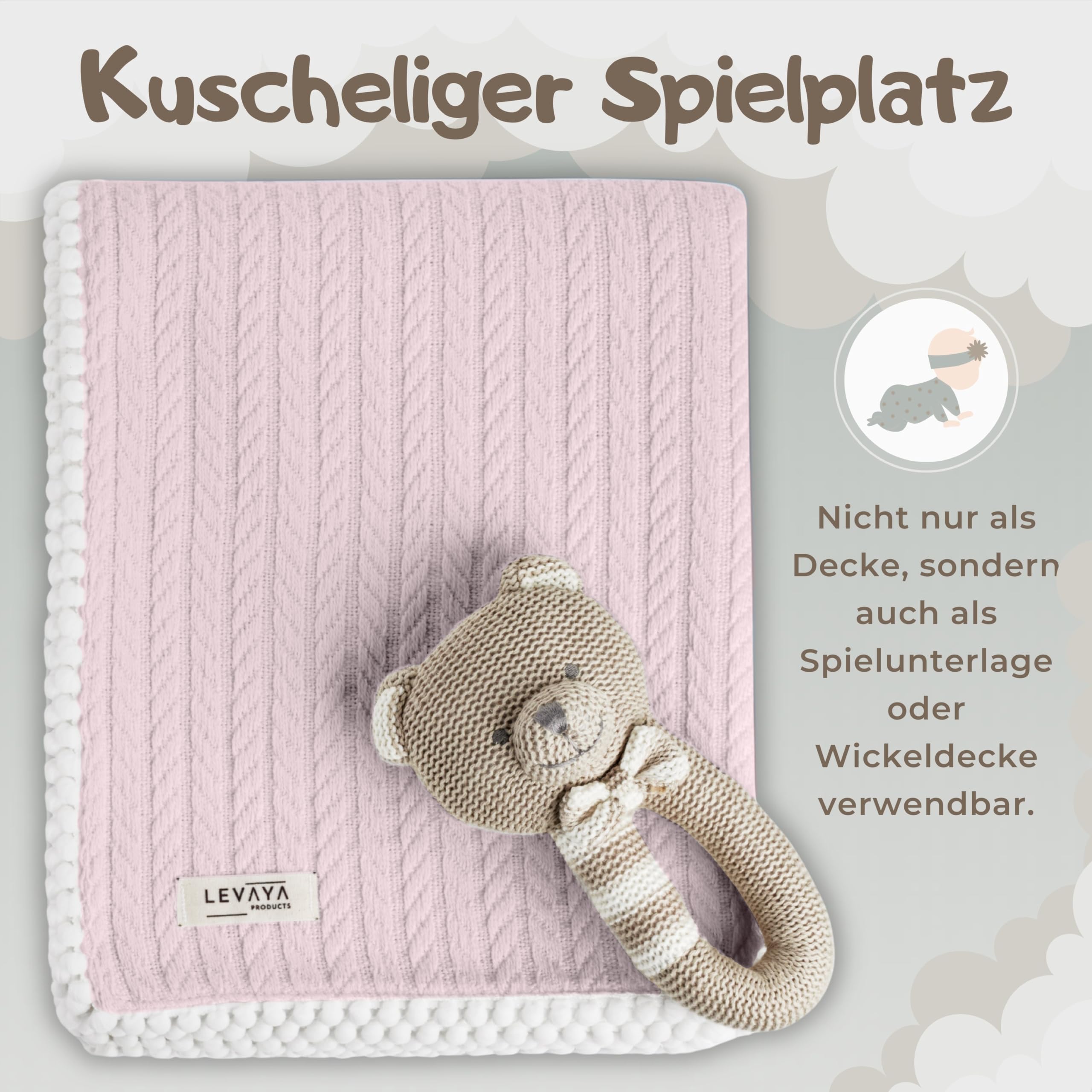 Babydecke 120x90 cm Bio-Baumwolle | Kuscheldecke für Neugeborene & Kinder | Strickdecke atmungsaktiv & weich | Geschenk zur Geburt & Taufe | Oeko-Tex Zertifiziert Rosa