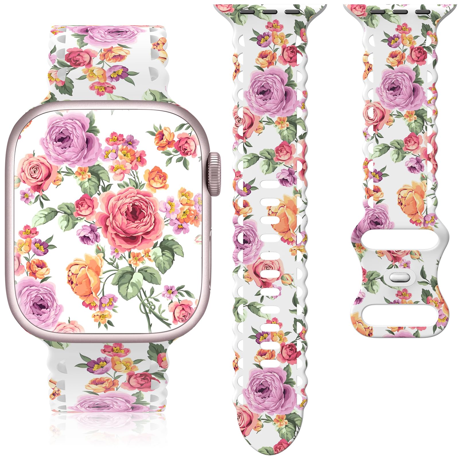 Floral Band Compatible with Apple Watch Band 38mm 40mm 41mm 42mm 44mm 45mm 46mm 49mm Women, Cute Flower Print Pattern Soft Lace Silicone Strap for