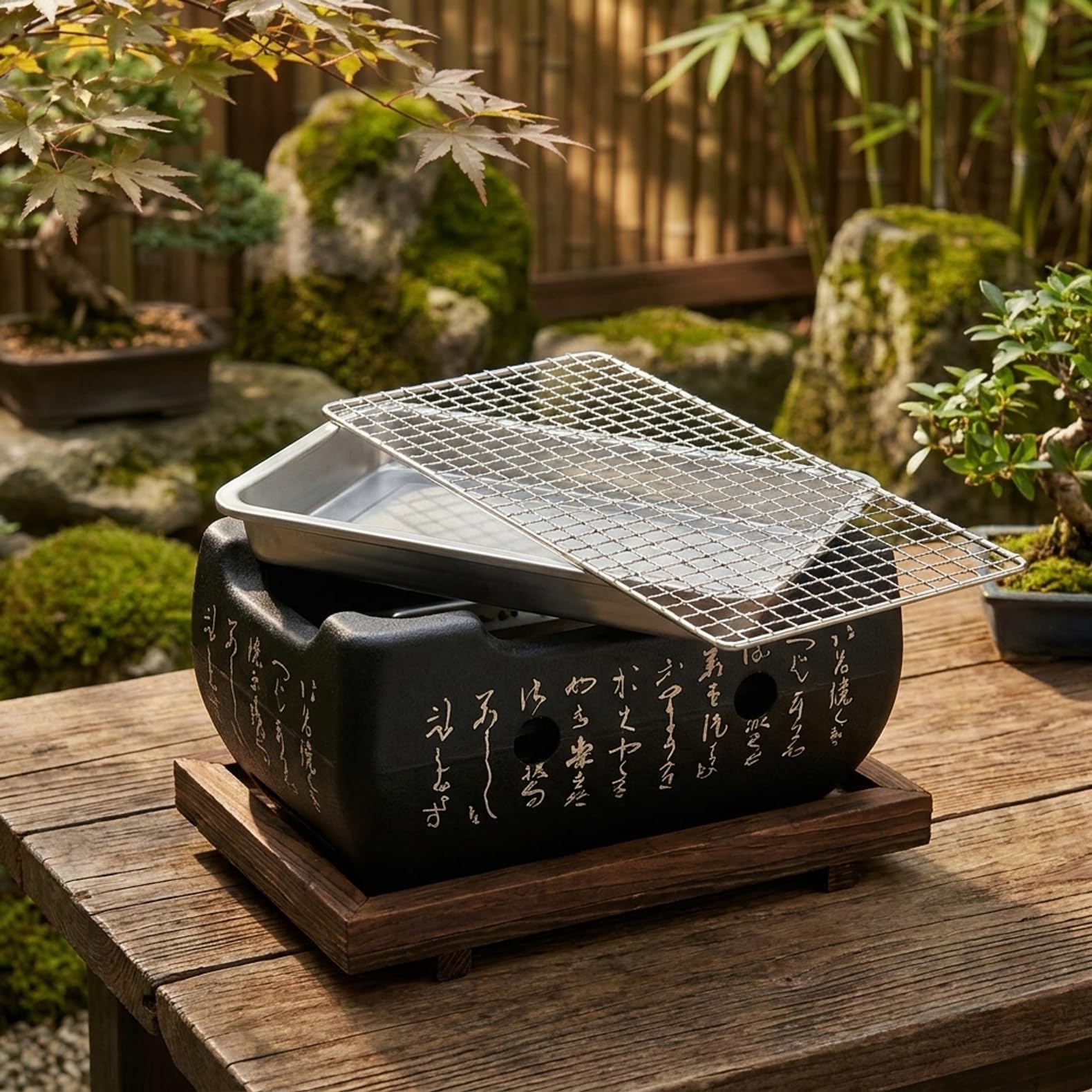 Amazon | 卓上七輪コンロ 小型 アルミ製 炭火コンロ 木製土台 焼き網