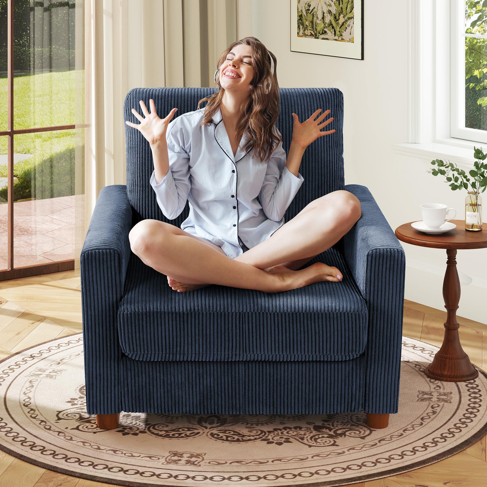 Kidirect 35.5in Oversized Accent Chair, Blue Corduroy Reading Chair