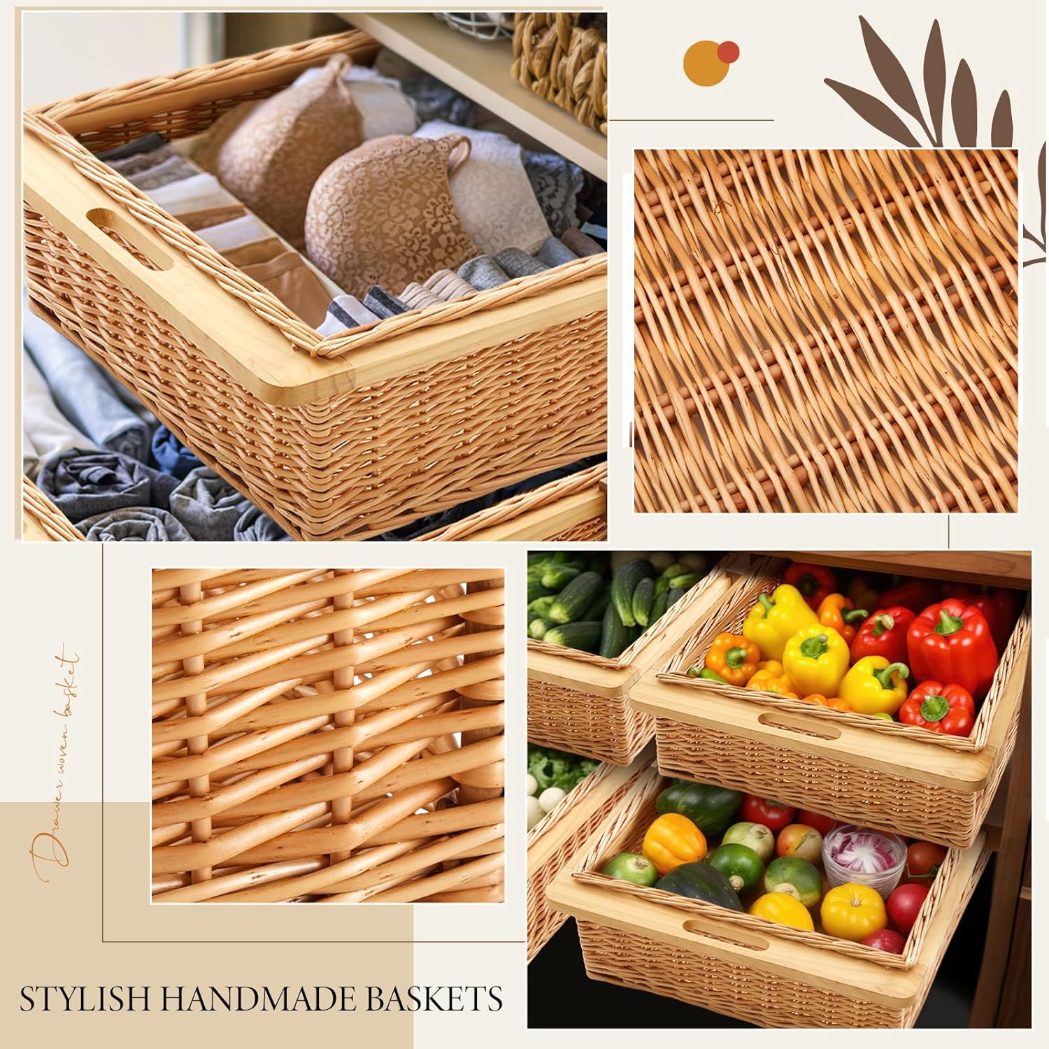 Rustic Wicker Pull out Cabinet Organizer Basket Drawers with Frame and Runners Slide 20" W x 20" l x 8" H for Kitchen Shelf Pantry Storage, Easy DIY Installation