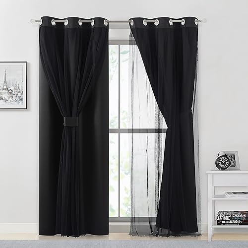 Miniatura 1 de Cortinas opacas completas negras con superposición transparente, mezcla y combinación, paneles de ventana con aislamiento térmico de doble capa de