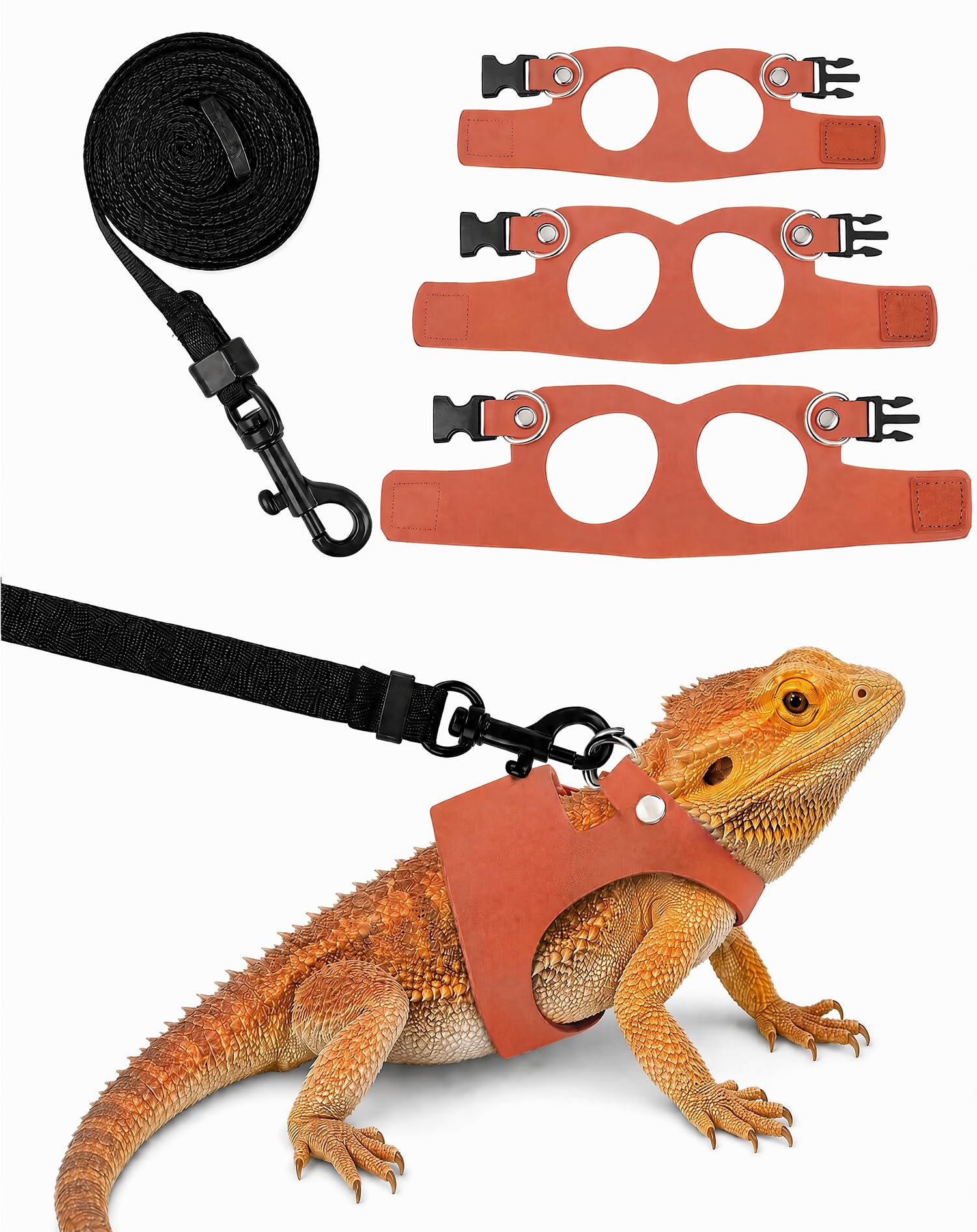 Bearded Dragon Harness Leash Set Adjustable 3Size Ferret Lizard Lead Orange