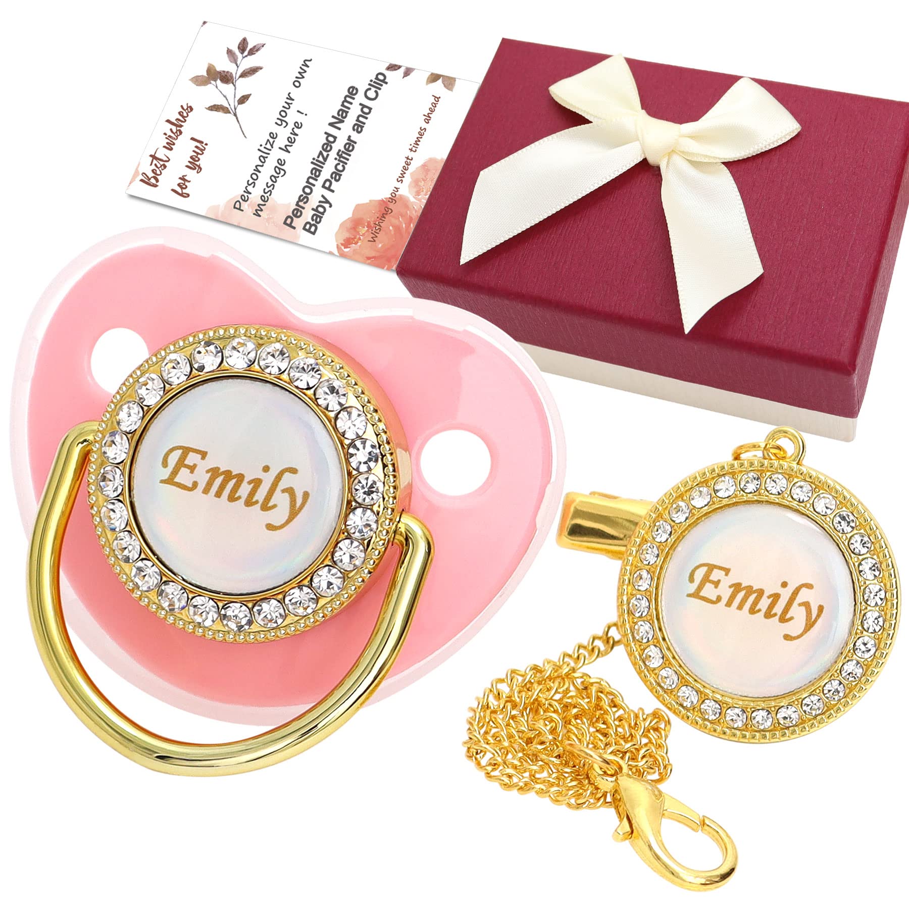 Personalized Pacifier with Name, Bling Gold Pacifier Clip Set with Gift Box Greeting Card, Glitter Crystal Luxurious Dummy Ideal Gift for Girl Baby Shower Newborn Photography(Pink)