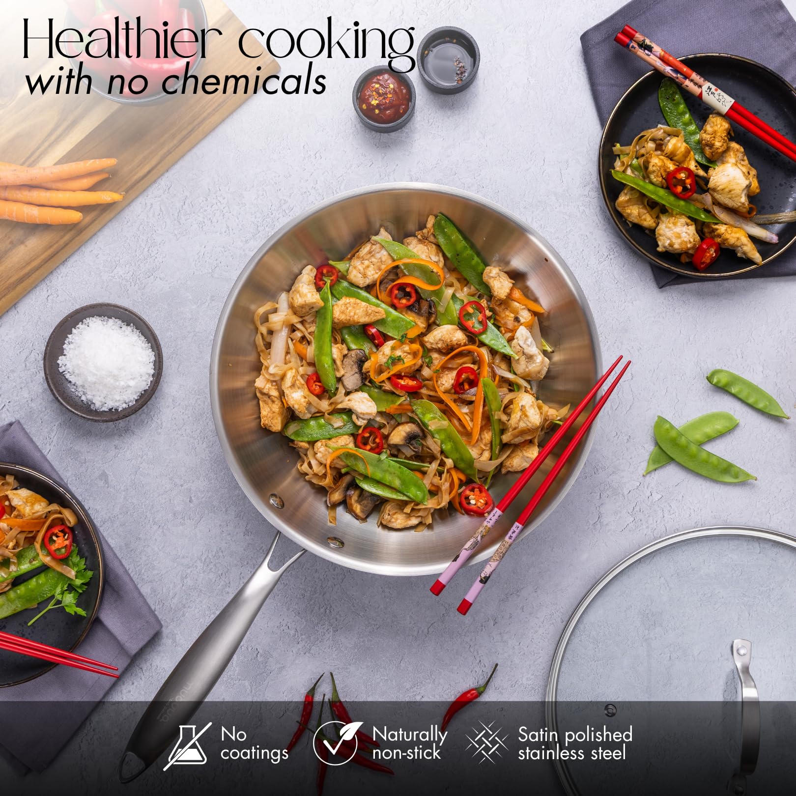 Juego de ollas y sartenes de acero inoxidable – Sartén wok de 28 cm – Utensilios de cocina de inducción – Apto para horno