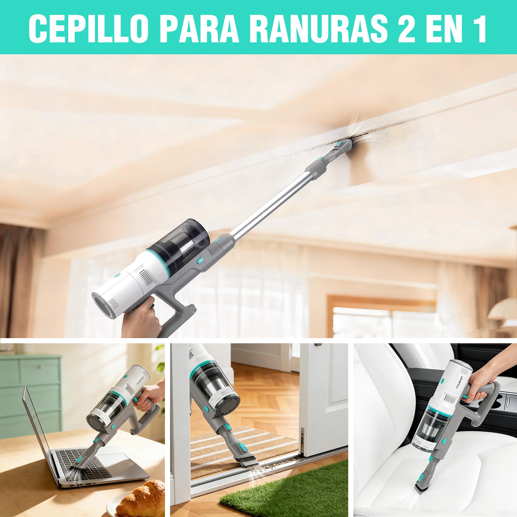 HAUSHOF Aspiradora Escoba sin Cable con Base de Autovaciado | Aspirador Vertical 3 en 1 de 24kPa y 250W con Cepillo en V, Luz LED Verde, Fragancia y Modo Nocturno para Pelo de Mascotas