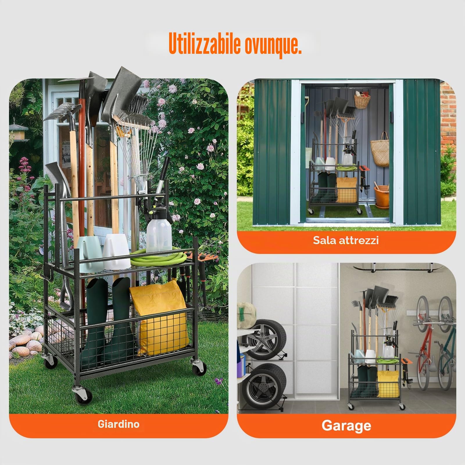 VEVOR Porta Attrezzi da Giardino 16 Slot Ganci, Organizzazione Stoccaggio in Metallo PP con Ruote per Garage Officina
