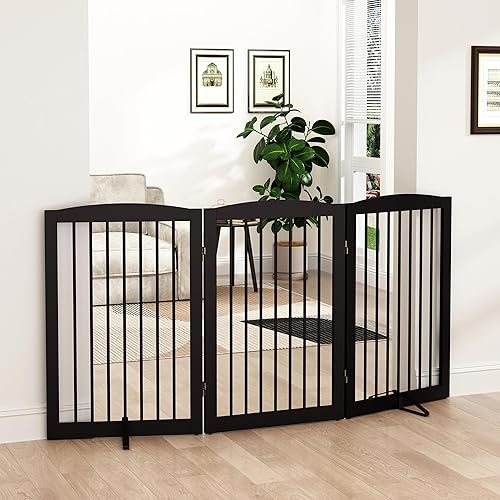 Miniatura 23 de Puerta independiente plegable para mascotas para perros, puerta plegable de madera para perros para la casa, barrera interior extra ancha para Negro