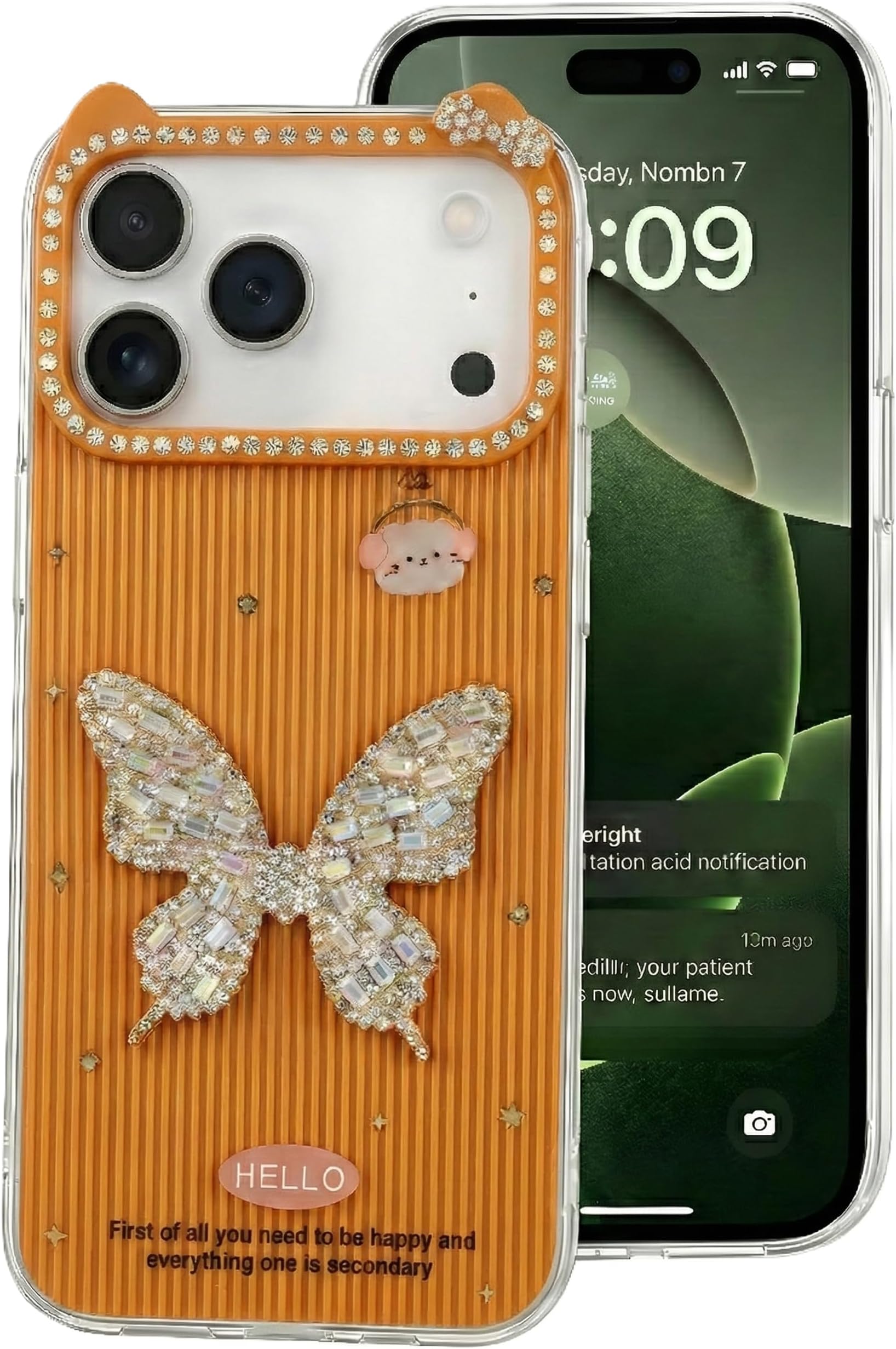 Next Store For iPhone 13 Pro 6.1-Inch Case, Luxury 3D Glitter Butterfly Rhinestone Design, Sparkly Camera Lens Protection, Textured Shockproof Slim Cover. (Orange)