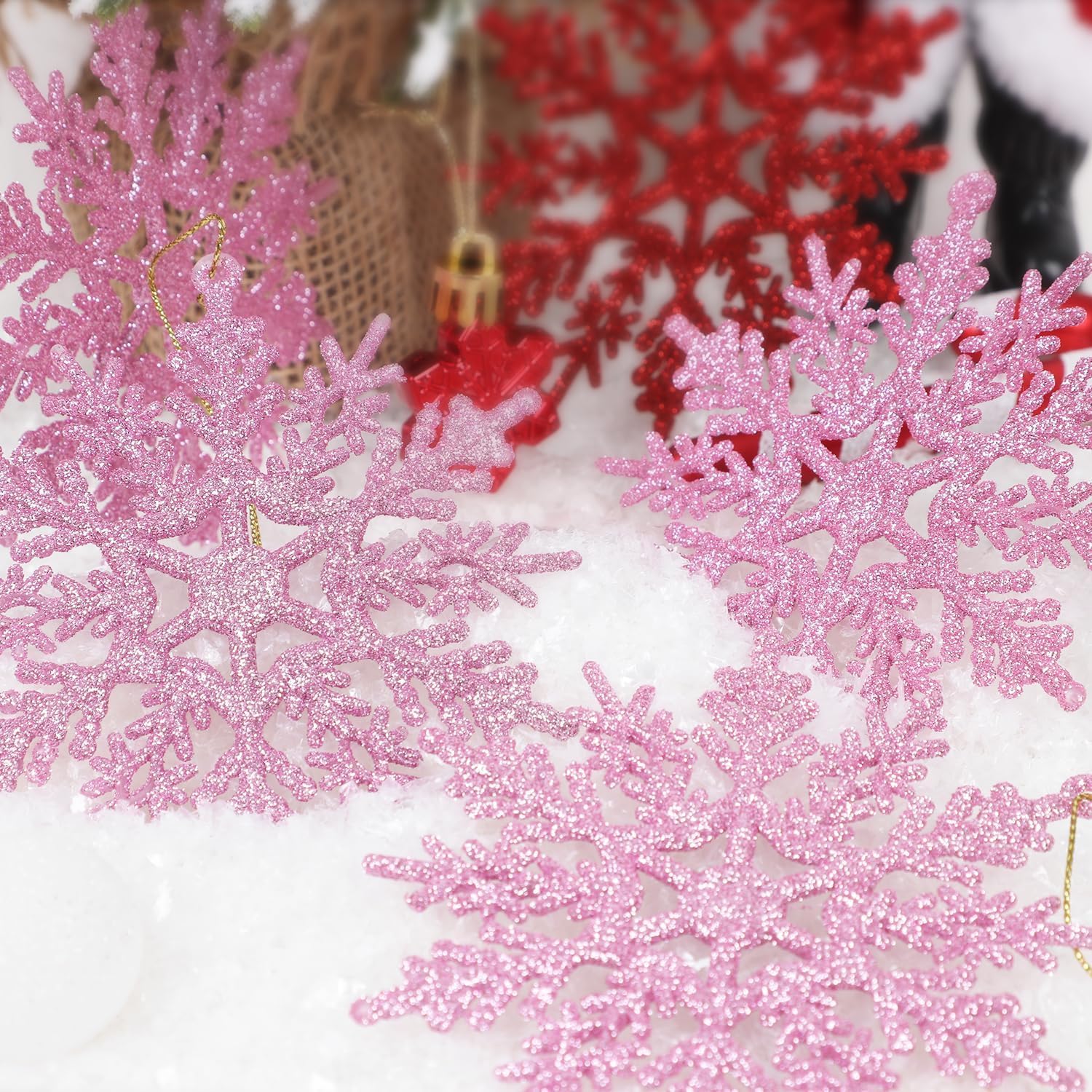 SULOLI 12 Piezas Decoración de Copos de Nieve，Adornos de Copo de Nieve con Purpurina,Colgante de Copo de Nieve，Decoraciones Utilizadas para Colgar en el Àrbol de Navidad, Hogar, Empresa（Rosado）