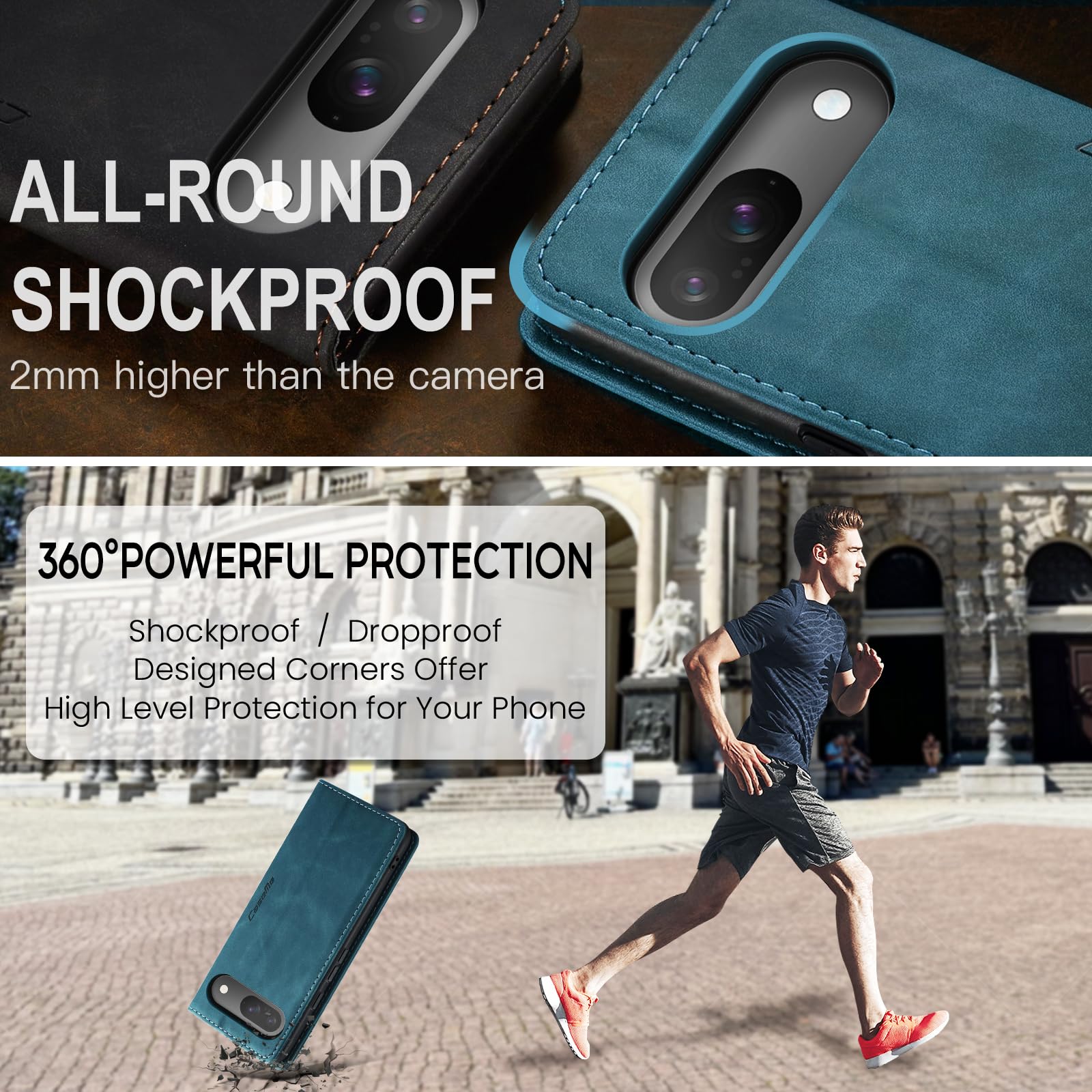Etui do Google Pixel 10/Pixel 10 Pro portfel ze skóry PU z uchwytem na karty Kompatybilny Kabura magnetyczna odporne na wstrząsy etui na telefon z klapką do Google Pixel 10, Niebieski zielony