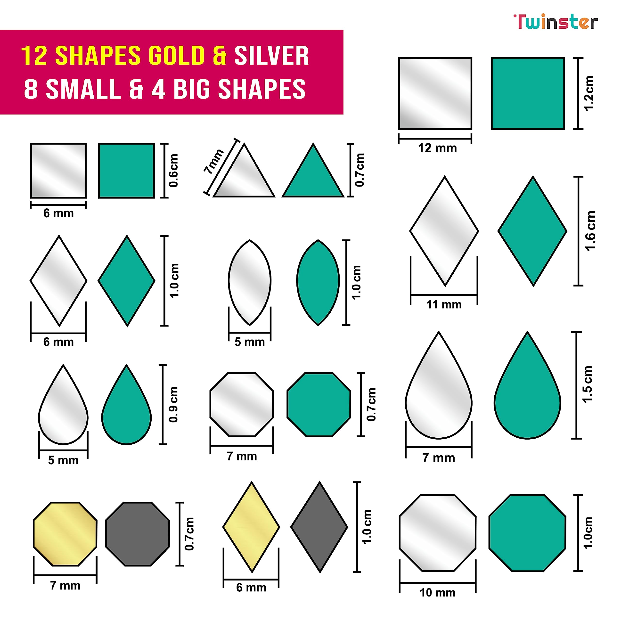 Twinster Mirror for Craft Work Silver and Golden Mirror (12 Different Shapes in Total 2000 pcs) Lippan Art Materials Kit Mirrors DIY Best Mirror Kit for Art and Craft? 3
