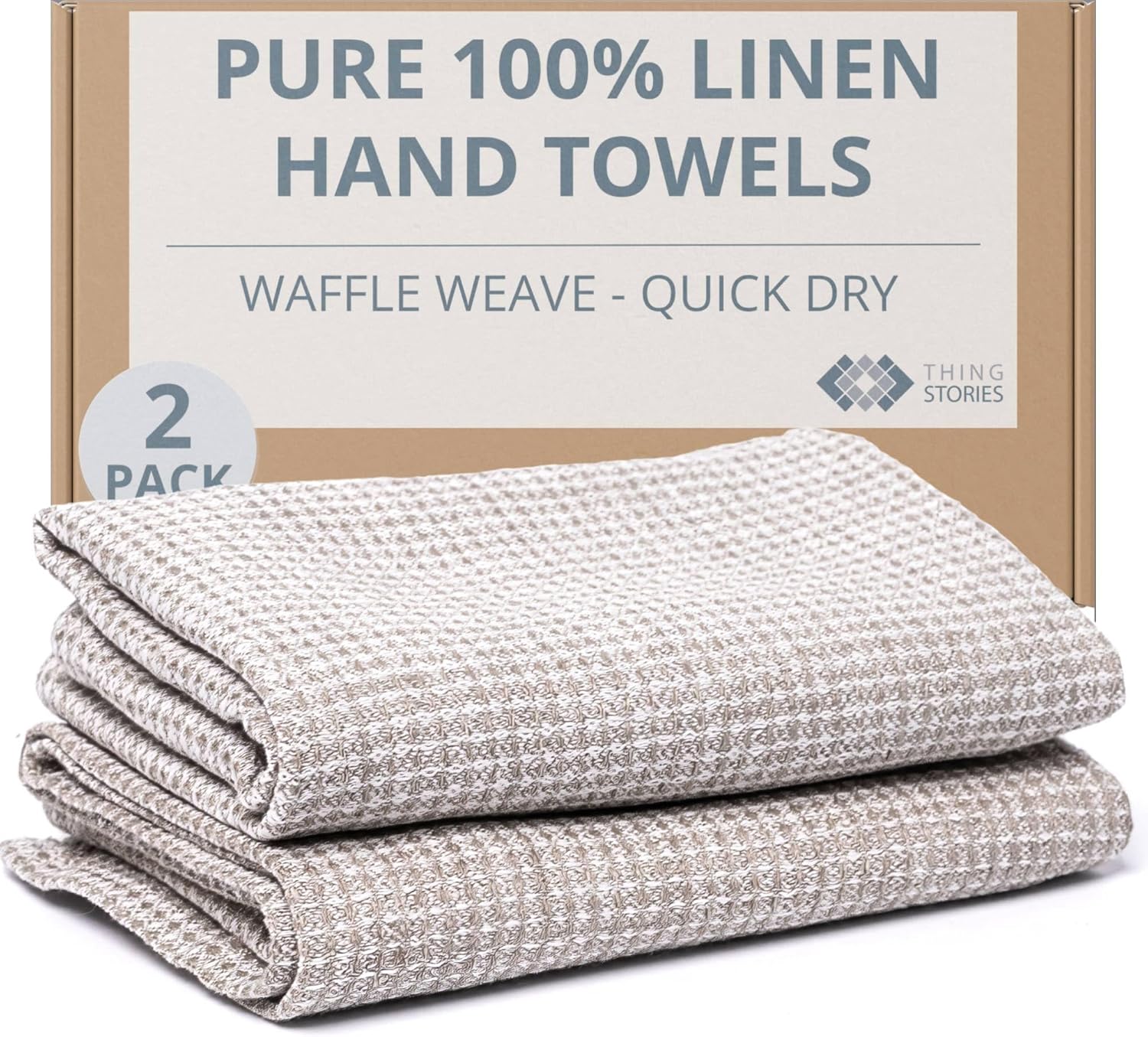 European Flax Linen Kitchen Towels Set of 2 - Handcrafted Stonewashed Waffle Weave Dish Towels, Quick Dry Absorbent Hand Towels for Bathroom & Kitchen