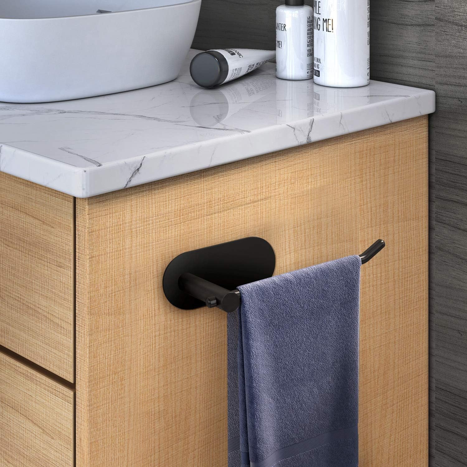 VAEHOLD Hand Towel Holder for Bathroom Wall Mounted, Black Towel Rack Self Adhesive Towel Ring Hanger Towel for Kitchen No Drilling - SUS 304 Stainless Steel Brushed