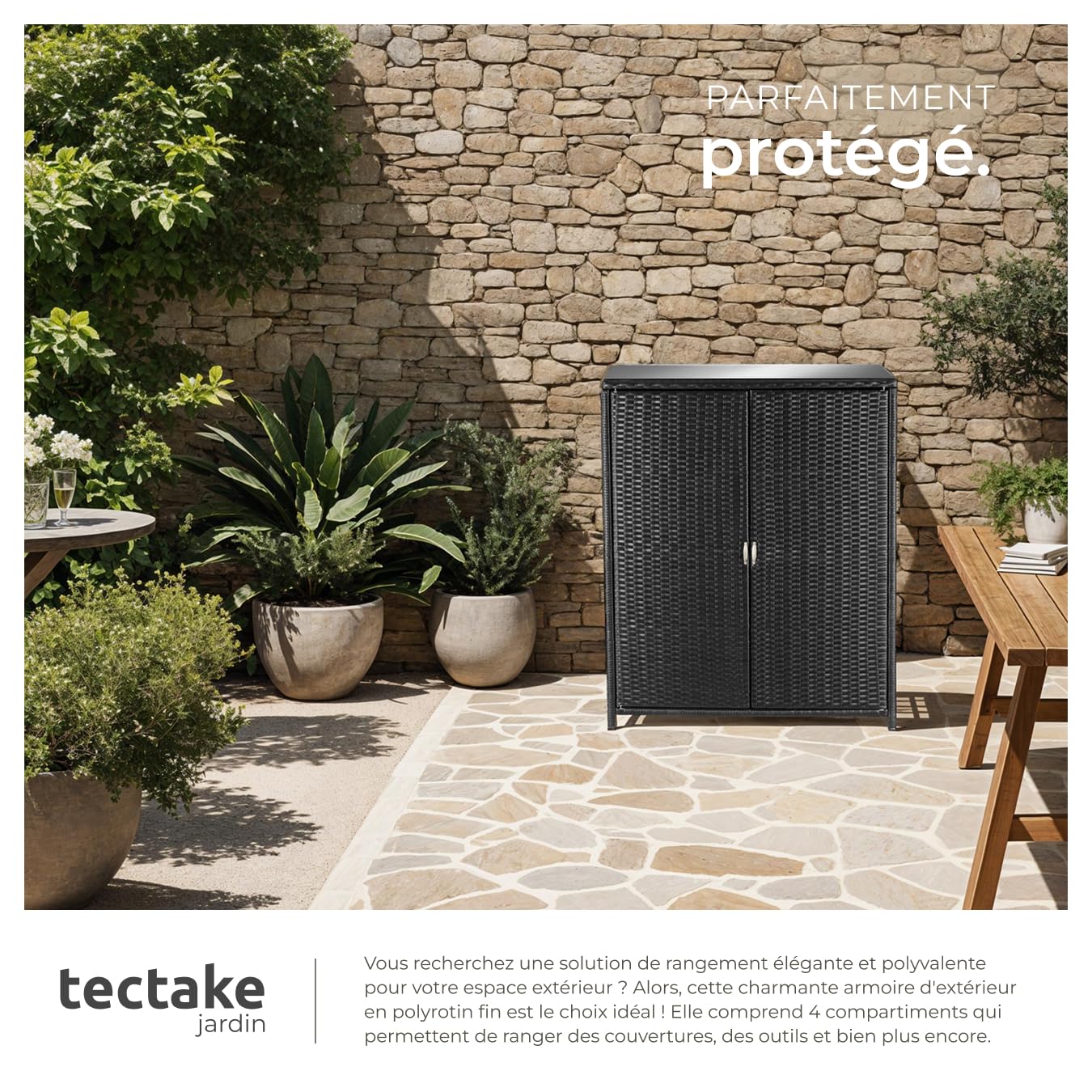tectake® Armoire de Jardin Abri de Jardin en Résine tressée & Aluminium Inoxydable Solide, avec 2 Portes battantes, Remise pour Outils de Jardinage 3 étagères Accessoires de Piscine Jouets Enfants