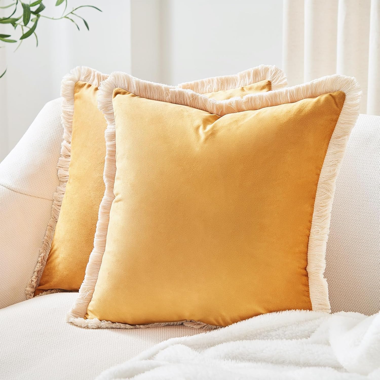 aeTHEric Decorative Throw Pillow Covers Cushion Cases, Set of 2 Soft Velvet Modern Fringe Tassel Designs, Mix and Match for Home Decor, Pillow Inserts Not Included (Yellow, 22x22 inch)-image-36