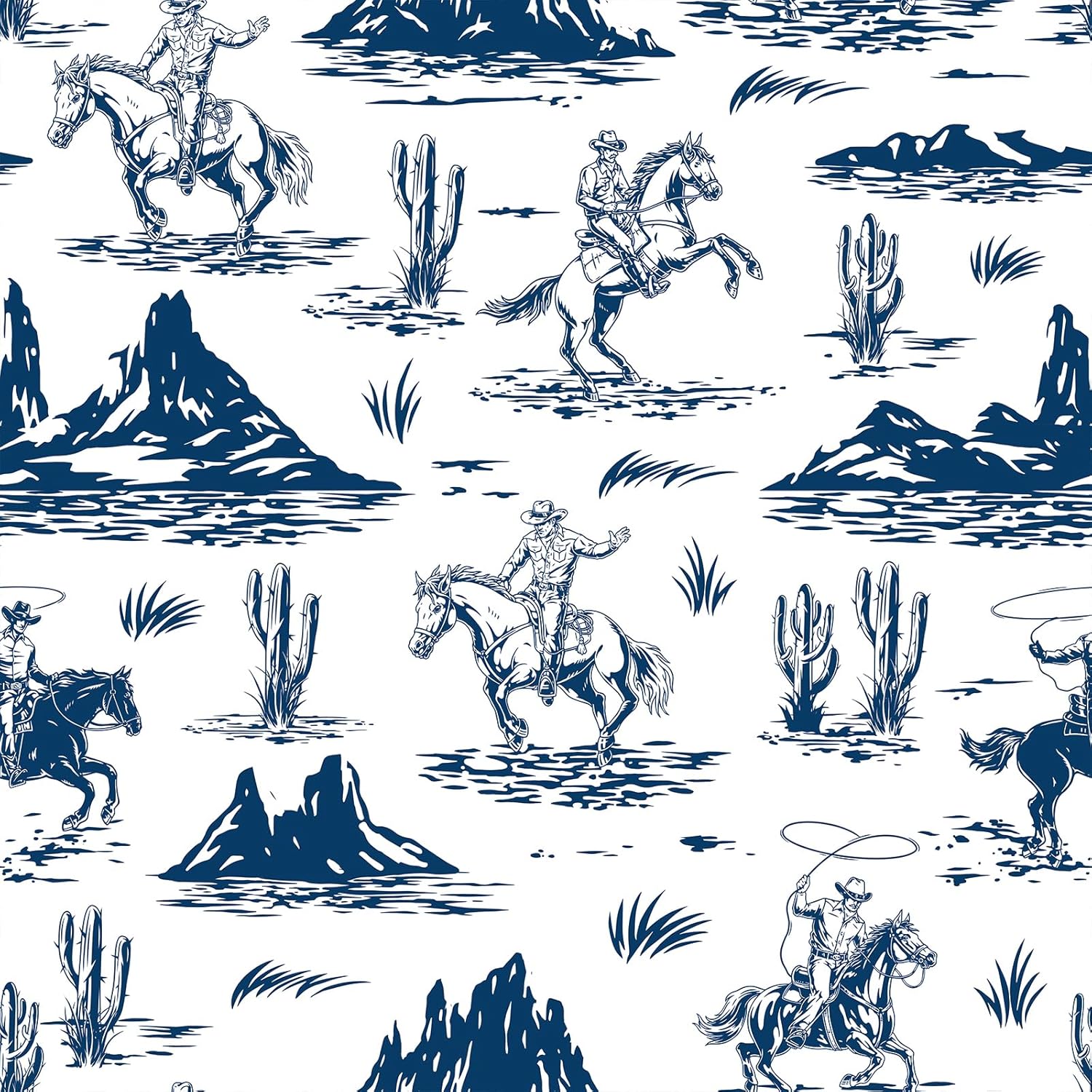 LaCheery 17.5"x276" Vintage Western Cowboy Peel and Stick Wallpaper Blue and White Peel and Stick Wallpaper for Bathroom Mural Wall Paper Self Adhesive Cactus Horse Contact Paper Bedroom Nursery Walls
