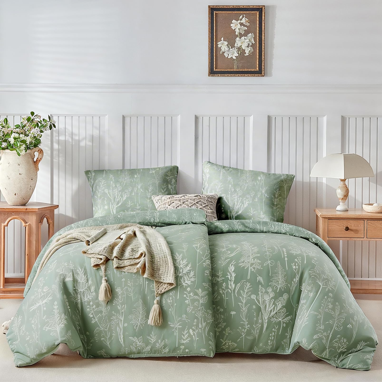 Tokokimo Bed Linen 135 x 200 cm 4-Piece - 2X Duvet Cover 135 x 200 cm Floral Pattern Microfibre Duvet Cover with Zip - and 2 Pillowcases 80 x 80 cm with Zip, Sage Green