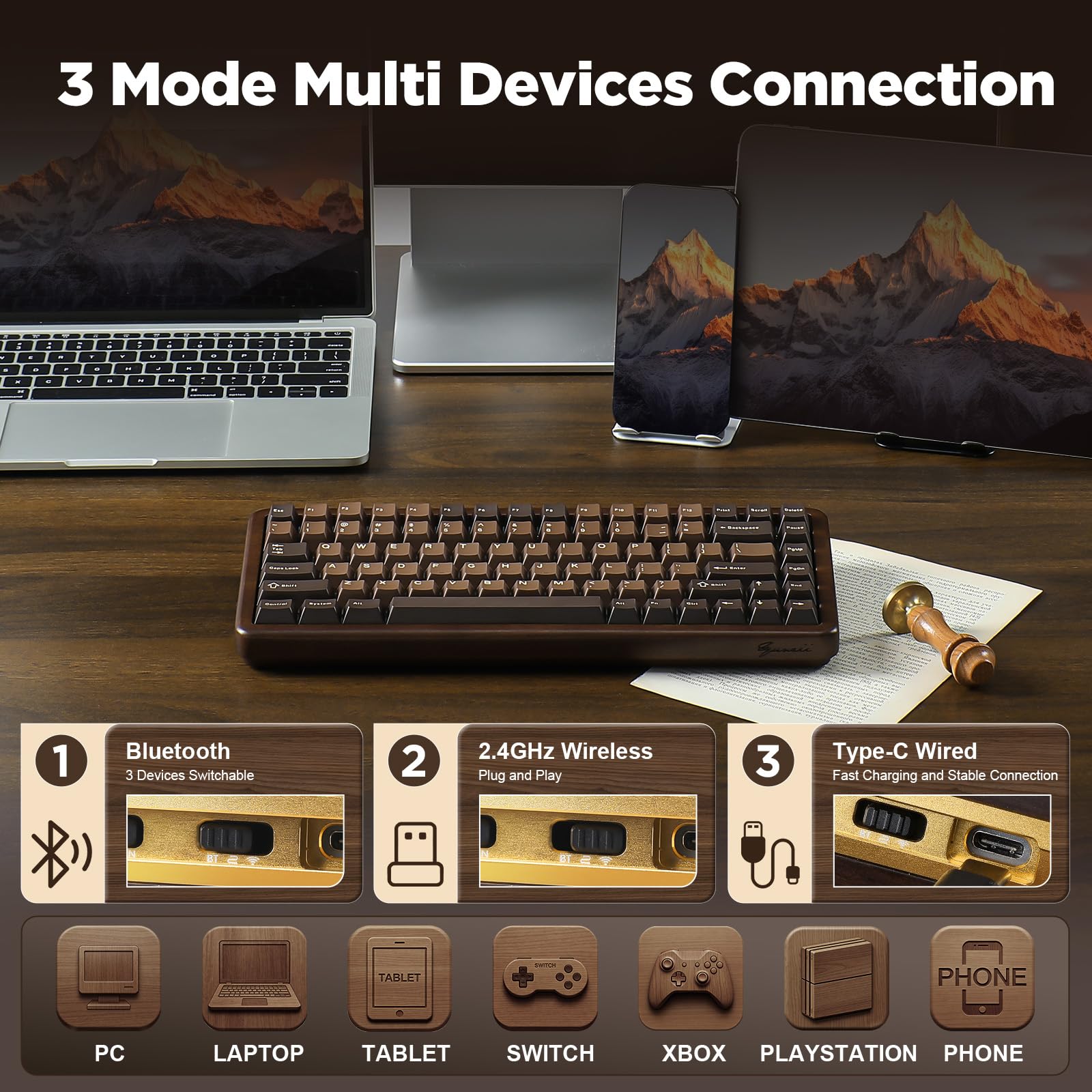 YUNZII WOOD84 Bezprzewodowa Klawiatura Mechaniczna, 75% Layout Drewniana Klawiatura Gamingowa, BT/2.4G/USB-C, Klawiatura Custom z PBT Double Shot Keycap (Brown, Candy Linear Switch)
