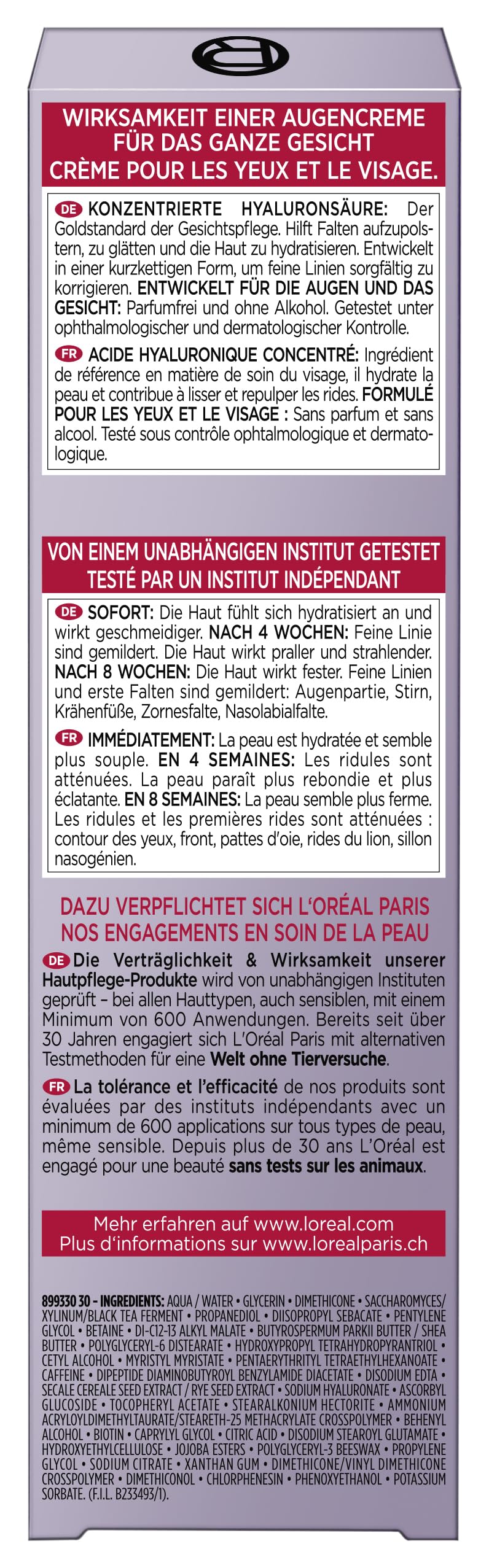 L'Oréal Paris Augencreme für Frauen: poltert auf, glättet die Haut und spendet intensiv Feuchtigkeitmit konzentrierter [Hyaluronsäure]Revitalift Filler, 1x 30ml
