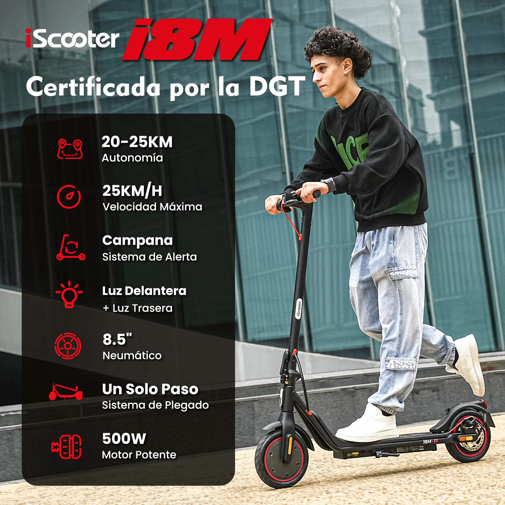 iScooter 8.5" Patinete Eléctrico Adultos Homologado DGT, 500W Motor, Autonomía De 20-25 KM, Máxima 25KM/H, Timbre, App, Frenado Doble, Plegable, Carga 120 KG, 13 KG
