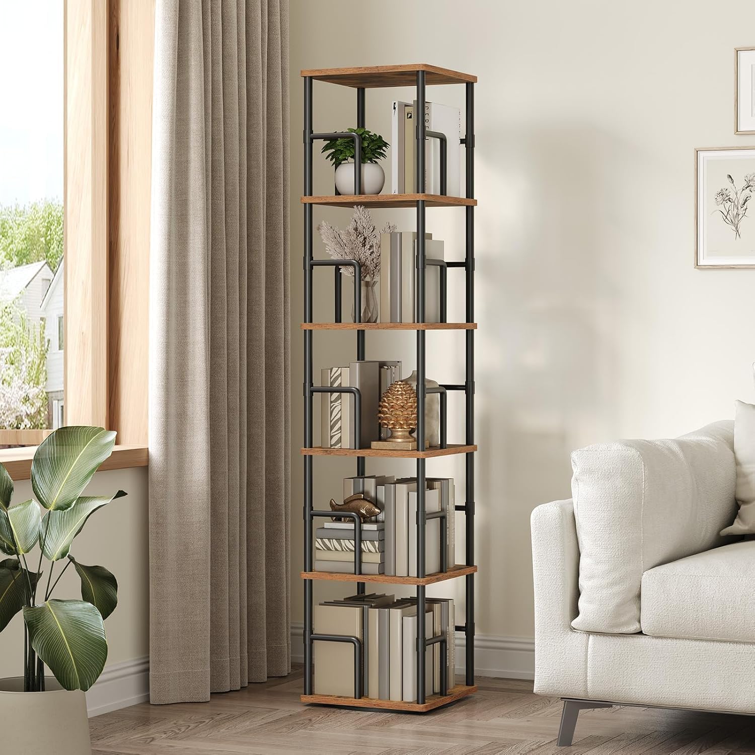 MAHANCRIS Bücherregal mit 5 Ebenen, Drehregal Regal mit Buchstützen, 30 x 30 x 158,7 cm, Standregal für Kleine Räume, Industrie-Design, für Wohnzimmer, Schlafzimmer, Braun und Schwarz ABKHR1601