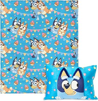 Northwest Bluey Party Pups Silk Touch Throw Blanket 50 x 60 Inches with Bluey Plush Pocket Pillow 14 x 20 Inches - Comfy & Cozy Bluey Blanket & Pillow Set for Boys and Girls