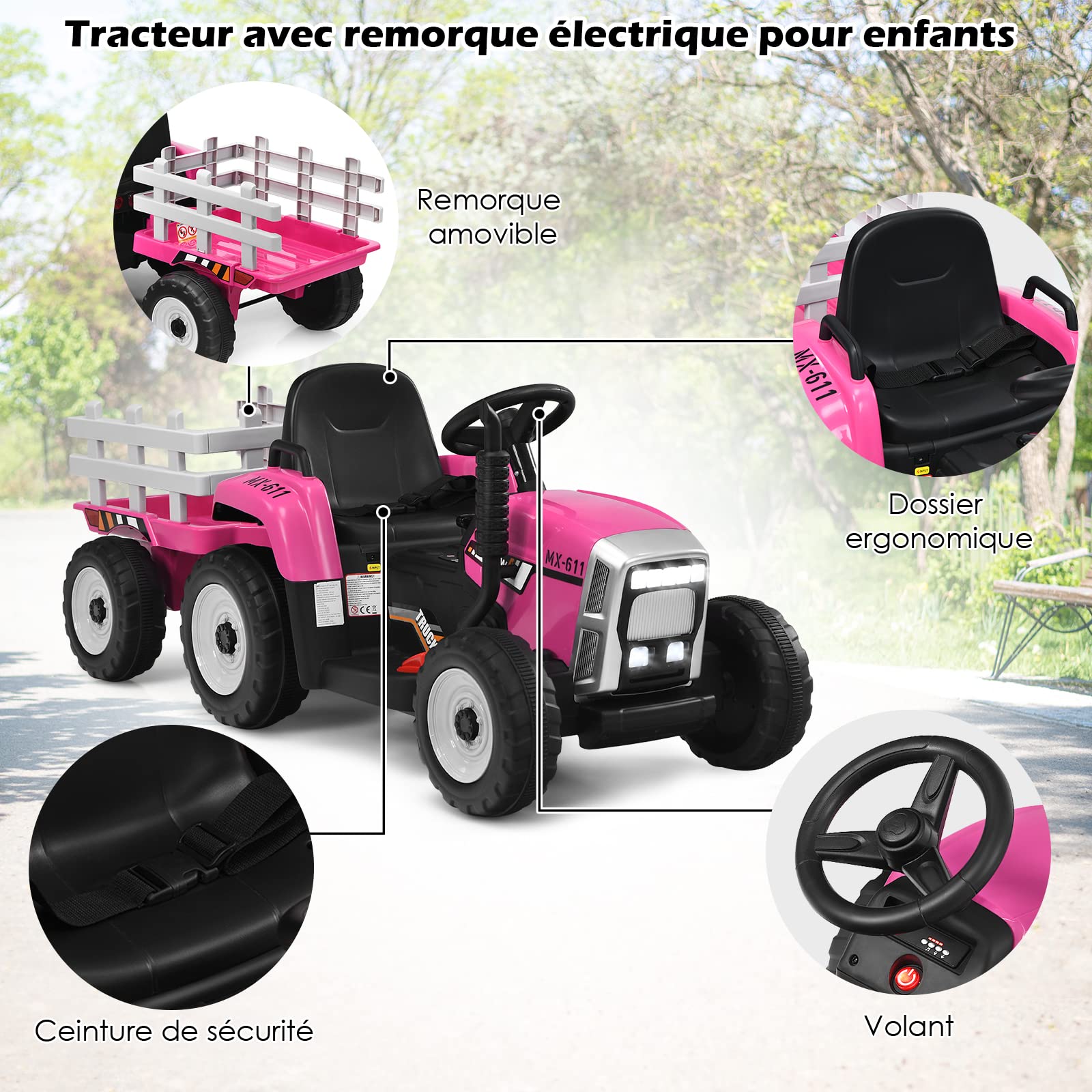 DREAMADE Tracteur Électrique Enfant 3+ Ans avec Remorque Tractopelle 12V Enfant Charge 30KG Tracteur à Pédales avec Télécommande&Musique&Lumières LED&Klaxon (Rose)