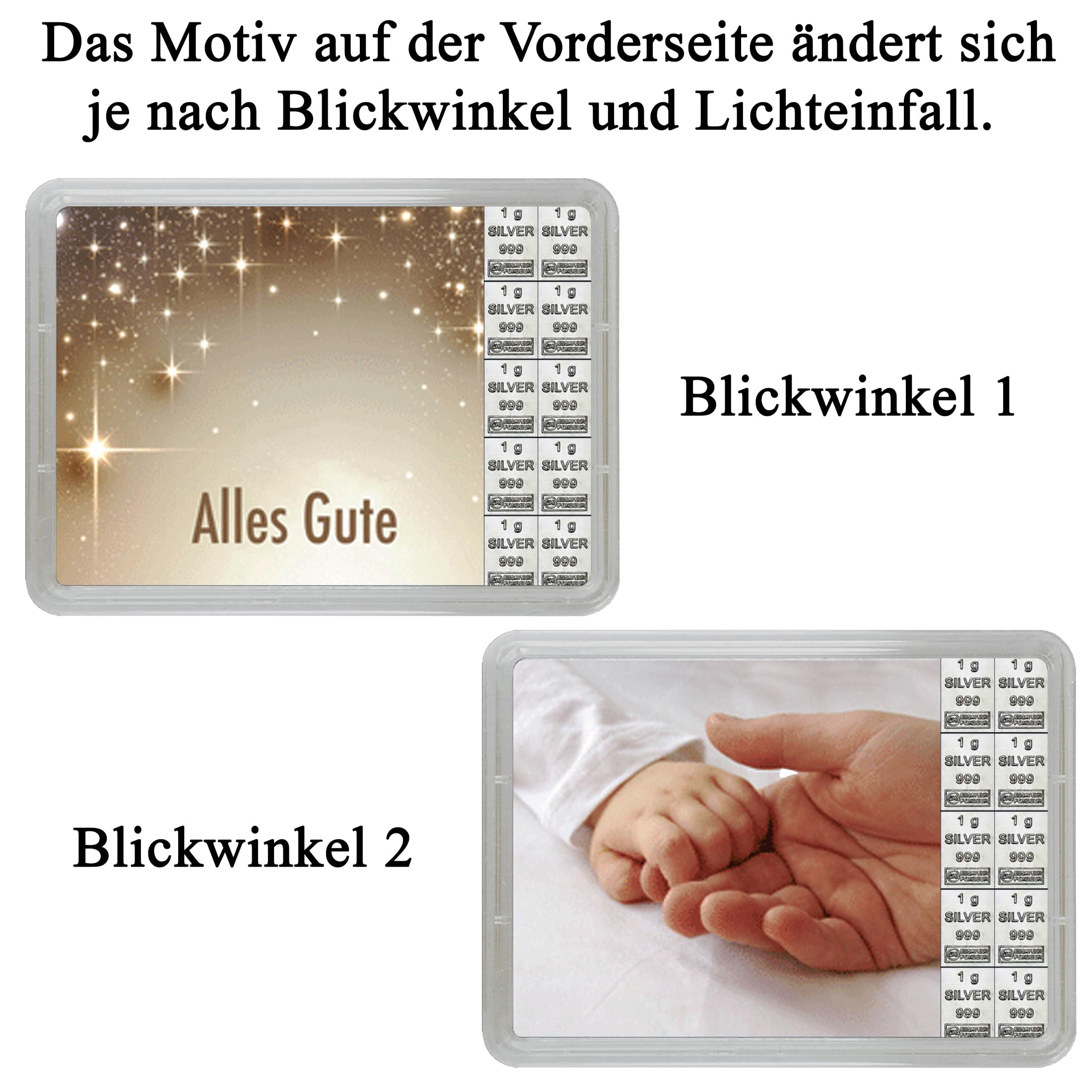 Silberbarren zur Geburt in Flip-Motivbox „Alles Gute“ von Silberstücke24 – Feinsilber 999 CombiBar – Geschenkfertig für Baby & Neugeborene (10g Silber)