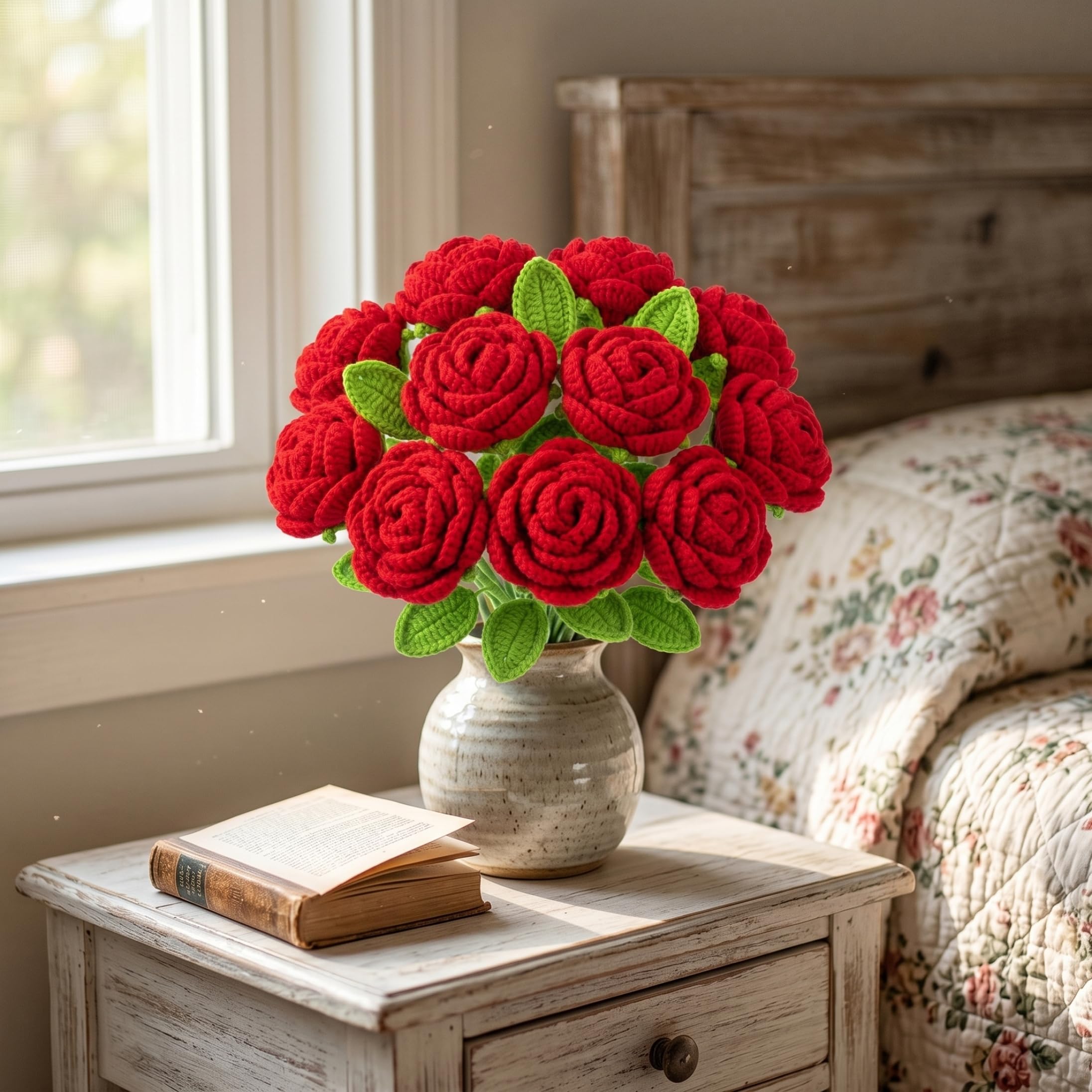 Rosas de Ganchillo, 10 Uds., Ramo de Flores de Punto, Rosas Rojas de Lana Hechas a Mano, Belleza y Amor eternos, Ideal para mamá, Hermana, Amigas, Novia
