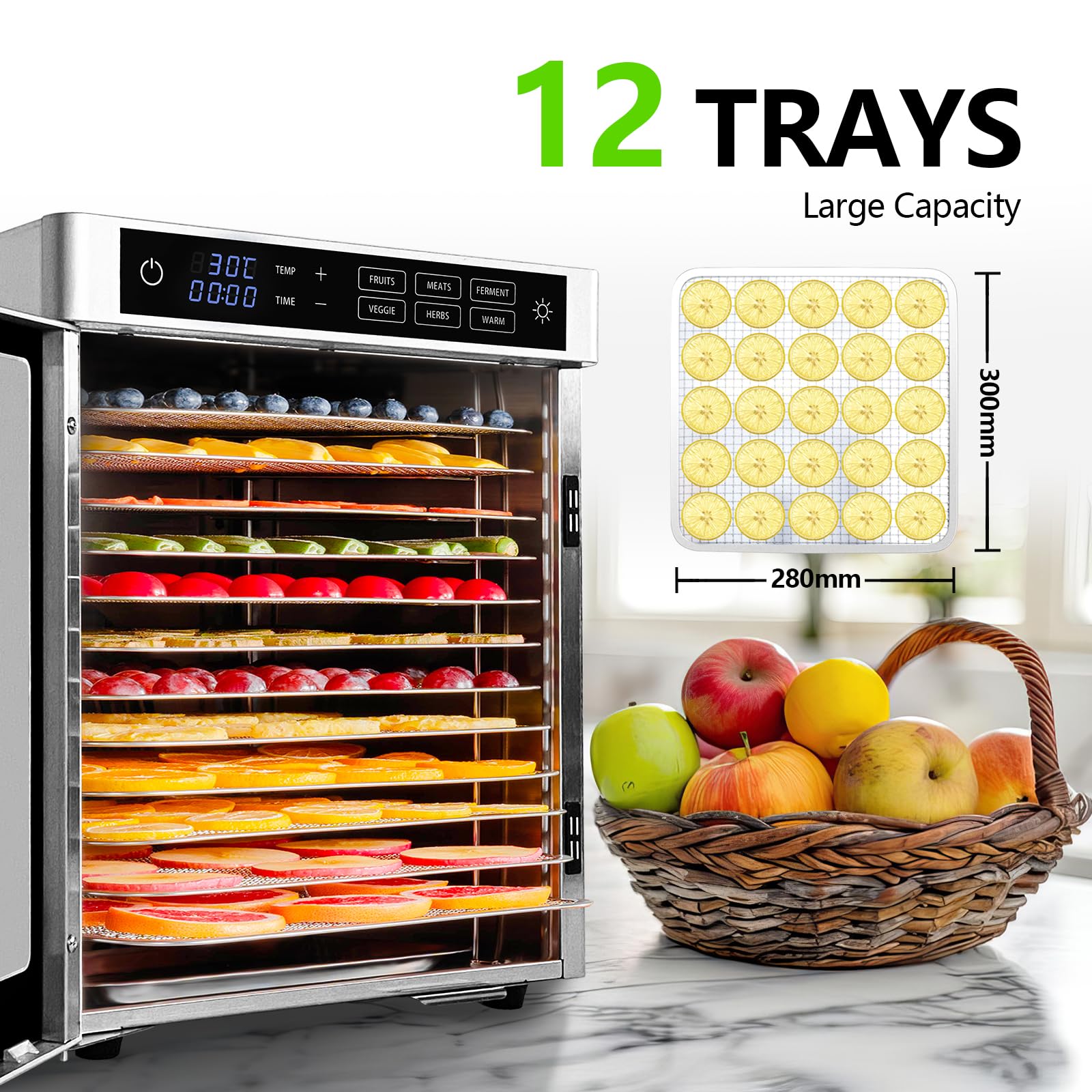 Dörrautomat Edelstahl mit 12 Edelstahlgitter - 800 W - 6 Voreinstellungen für Dörrgerät Dehydrator Obsttrockner Dörrapparat