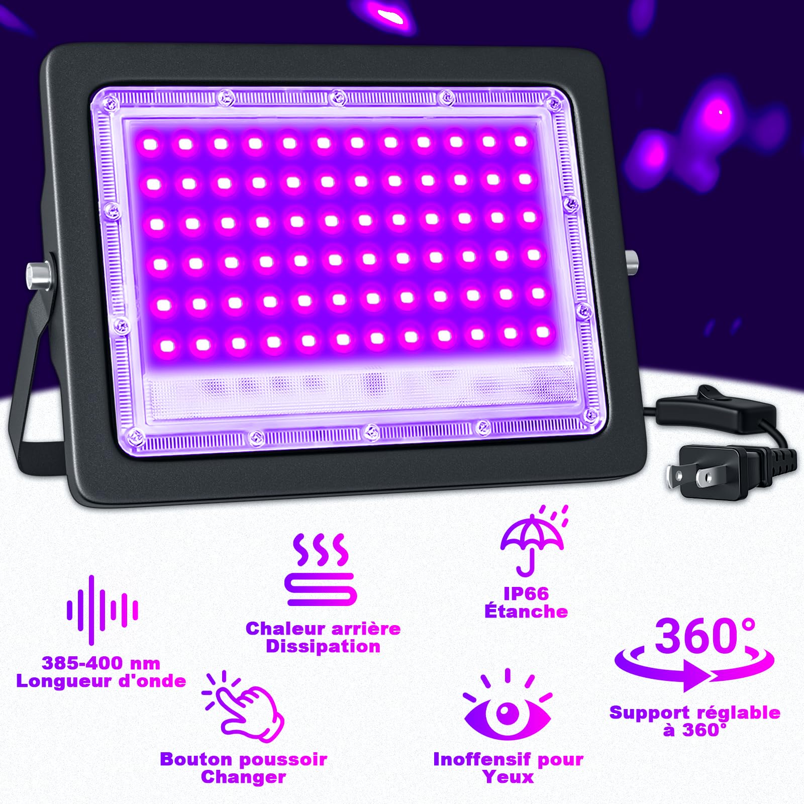 CREATESTAR 50W LED Lumière Noire,Luminaire UV Puissant 400 nm, Etanche IP66 peut être utilisé pour les Soirées à la Lumière Noire, les Affiches Fluorescentes